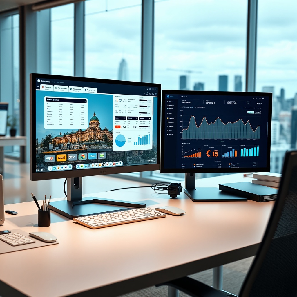 "A sleek and modern work environment showing a real estate developer's desk with two monitors: one displaying a dynamic, interactive website interface of a real estate platform efficiently handling multiple user queries, and the second showcasing graphs and statistics related to server resources and user traffic. The background features subtle elements of a bustling real estate office, emphasizing a context of high productivity and strategic resource management, with a panoramic view of an urban skyline suggesting growth and scalability. The overall style is clean, professional, and technology-oriented."
