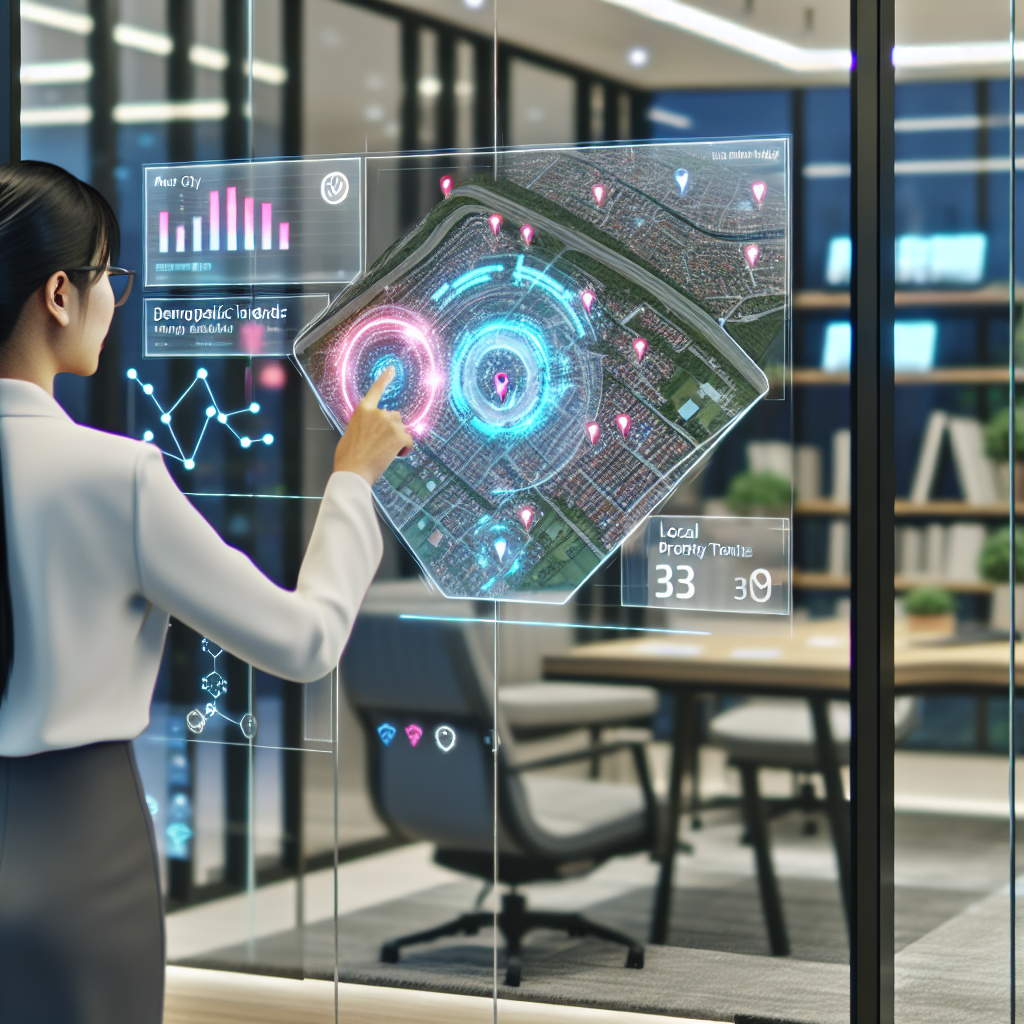 "A futuristic real estate office with large transparent screens displaying dynamic maps and AI-driven analytics. The scene shows a professional using a sophisticated interface, manipulating a 3D city model that highlights diverse property insights like demographic trends and local amenities such as schools and bus stops. The office setting exudes a tech-savvy and modern vibe, with sleek furniture and ambient, soft lighting, which reinforces the theme of cutting-edge real estate technology."