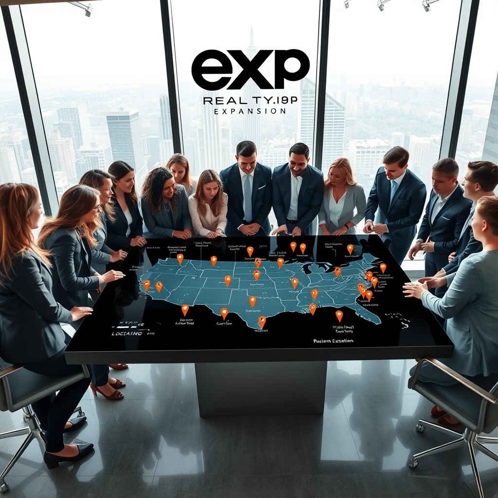 "A dynamic scene inside a bustling, modern real estate office representing eXp Realty's expansion: a group of diverse agents collaborating around a high-tech digital table map showing various new team locations across a regional map. The background features large windows showcasing a growing city skyline, symbolizing opportunity and expansion. The office environment is sleek and professional, reflecting innovation and a forward-thinking approach in real estate."