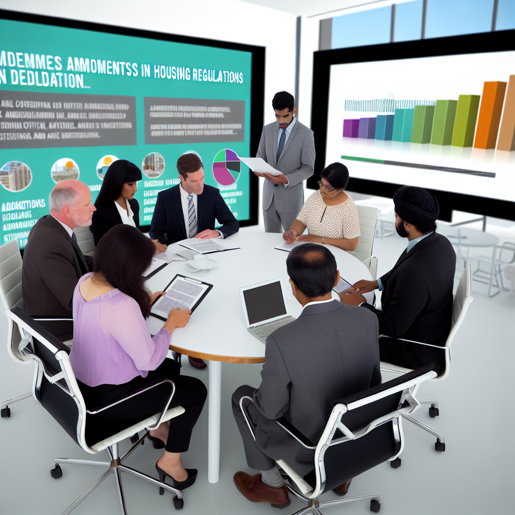 "A sleek, modern office setting featuring a large, central conference table where diverse professionals are gathered, discussing over open notebooks and digital tablets. The backdrop showcases an interactive large screen displaying vibrant infographics related to housing policy changes, demographic data, and urban growth trends. The setting radiates a sense of innovation and collaborative effort in housing development, underlining the professional and progressive tone of the blog post."
