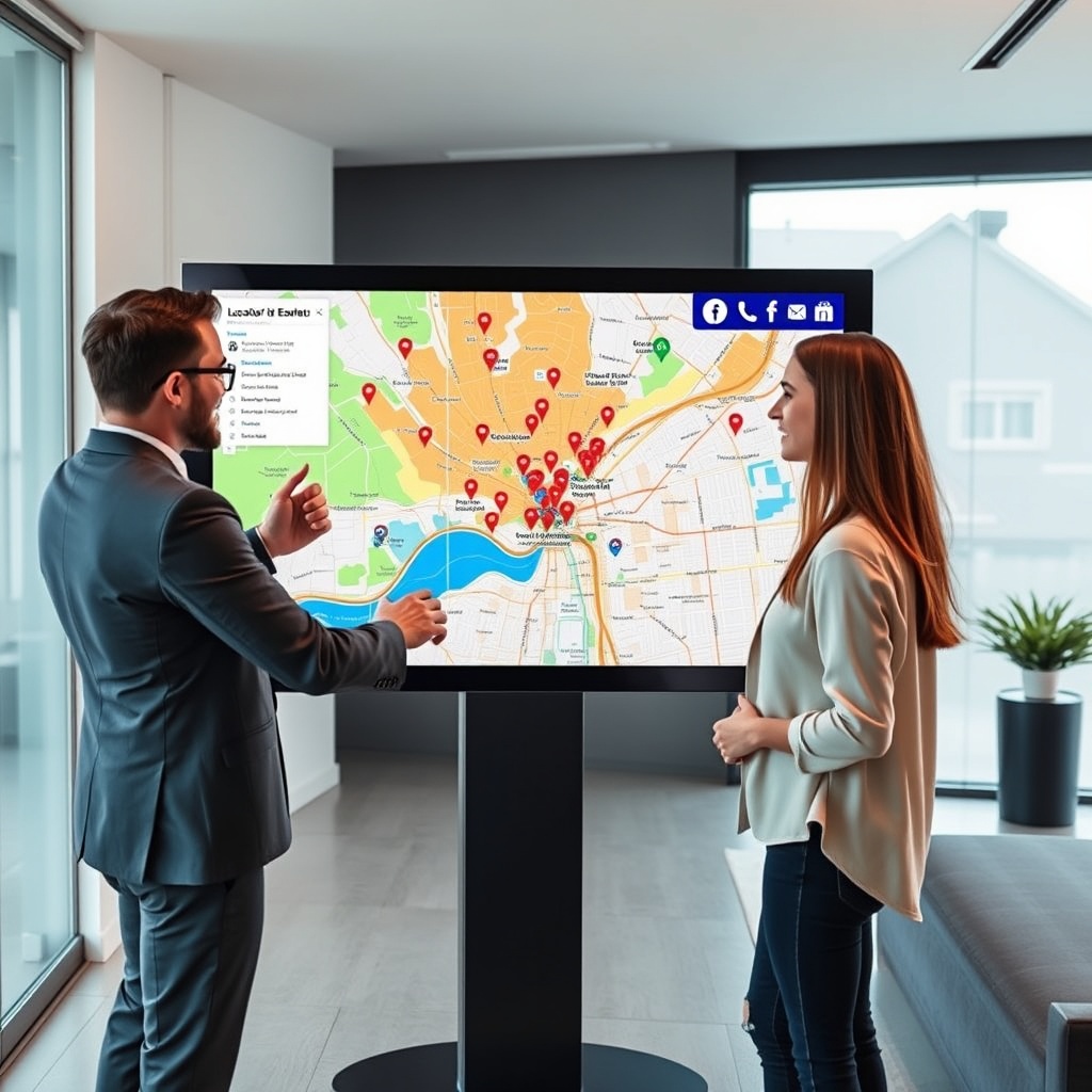 "A sleek, contemporary real estate office setting with an agent demonstrating a large touchscreen display to a prospective young couple. The screen vividly showcases an interactive map, enriched with layered data visualizations of local amenities, such as parks, schools, transportation options, and retail areas. The map displays vibrant icons and dynamic property circles that adjust as the agent inputs different data points, symbolizing how Location Enrich API insights can maximize home sales. The room is well-lit, conveying a feeling of transparency and innovation, with a stylish yet approachable decor."