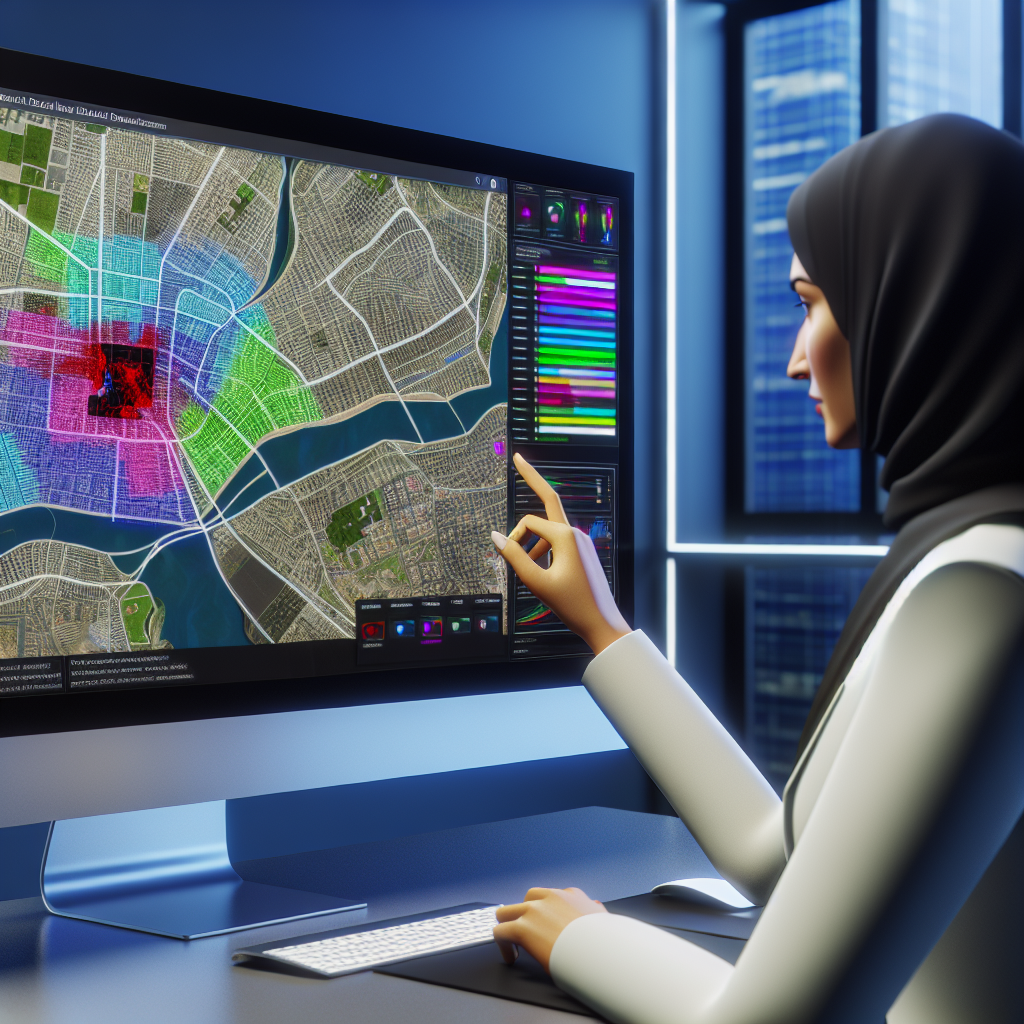 "A modern and sleek office environment featuring a large, high-resolution monitor displaying a sophisticated real estate analysis software. The software interface showcases a dynamic, interactive city map emphasizing regulatory zones, color-coded for various compliance levels, with overlays indicating residential and commercial properties impacted by these changes. The scene is complemented by a professional-looking developer or real estate strategist examining the data, pointing at the screen, with visible decor suggesting a high-tech workspace environment to convey seriousness and cutting-edge technology."