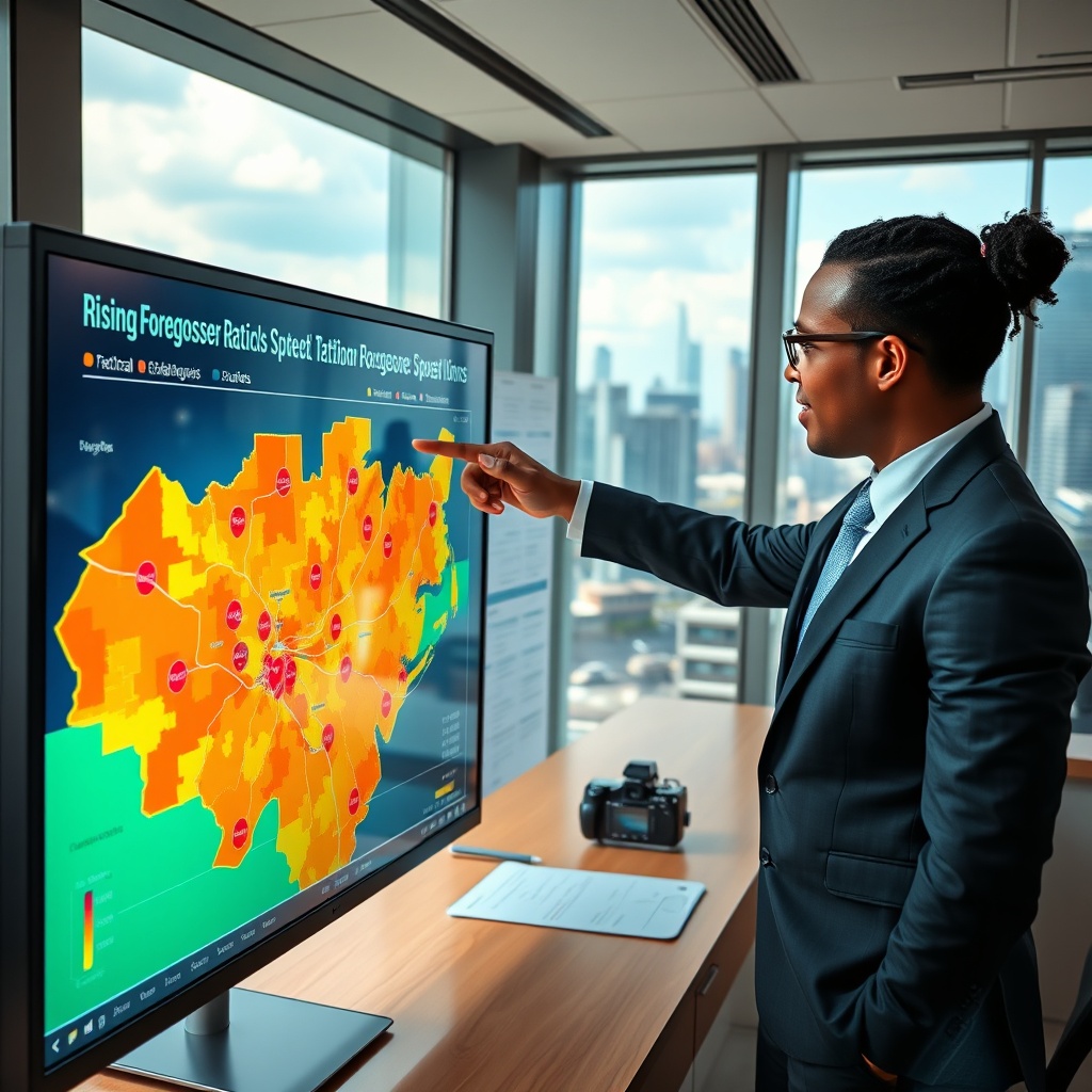 "A detailed and vibrant office setting with a professional real estate agent analyzing a large digital display. The screen shows vibrant, interactive maps and graphs that emphasize rising foreclosure spots in vivid colors, with tactical strategies like overlays marking opportunity zones for potential investments. The agent, diverse in ethnicity, appears engaged and thoughtful, dressed in business attire, pointing at specific areas of interest on the screen. The office ambiance is sleek and modern, with a clear view of a cityscape through large windows, showcasing a bustling urban environment, symbolizing potential real estate opportunities amidst challenges."