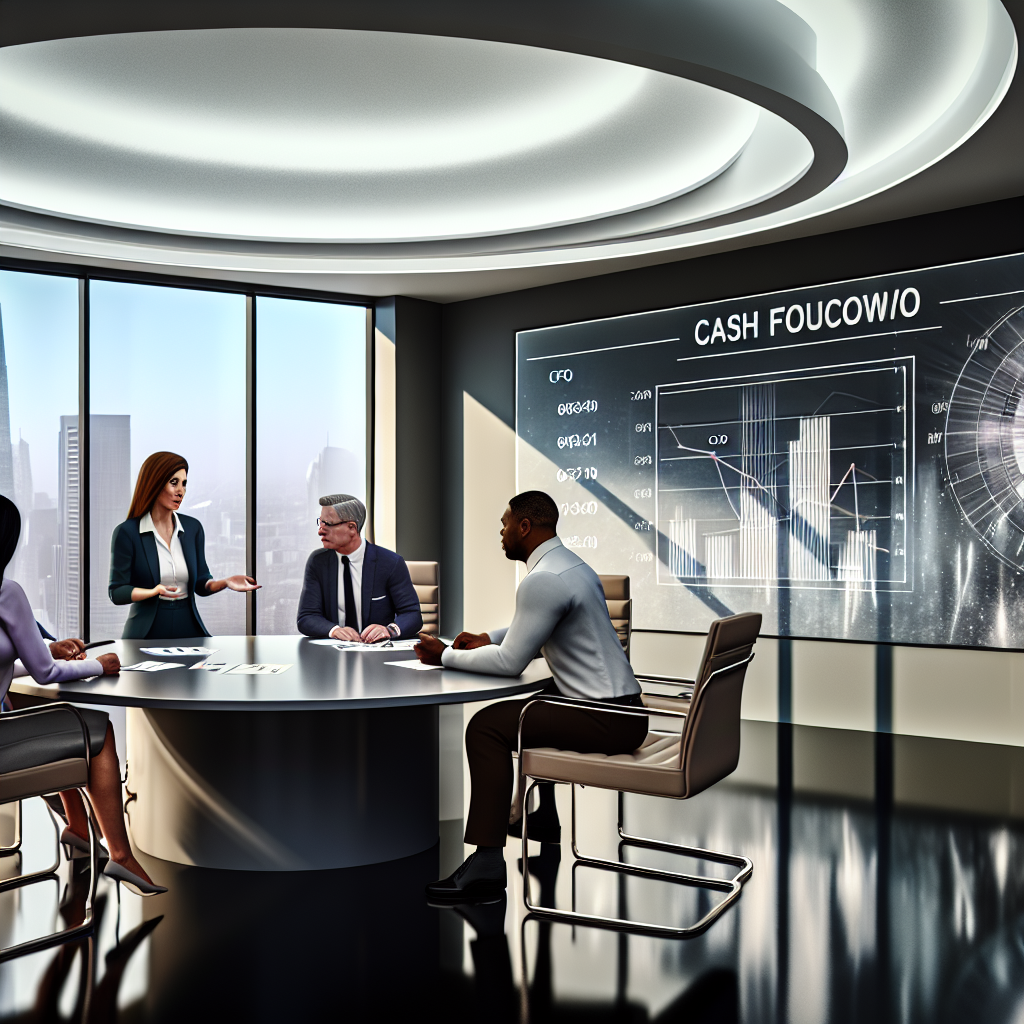 "A sophisticated yet approachable office setting with a focus on a central figure, presumably a CFO, having a strategic discussion with a diverse team around a modern conference table. The background showcases projections of cash flows and real estate market trends on a sleek, digital display. Emanating professionalism and leadership, the room is well-lit with oversized windows revealing a panoramic view of a bustling city skyline, symbolizing growth and opportunity in the real estate sector."