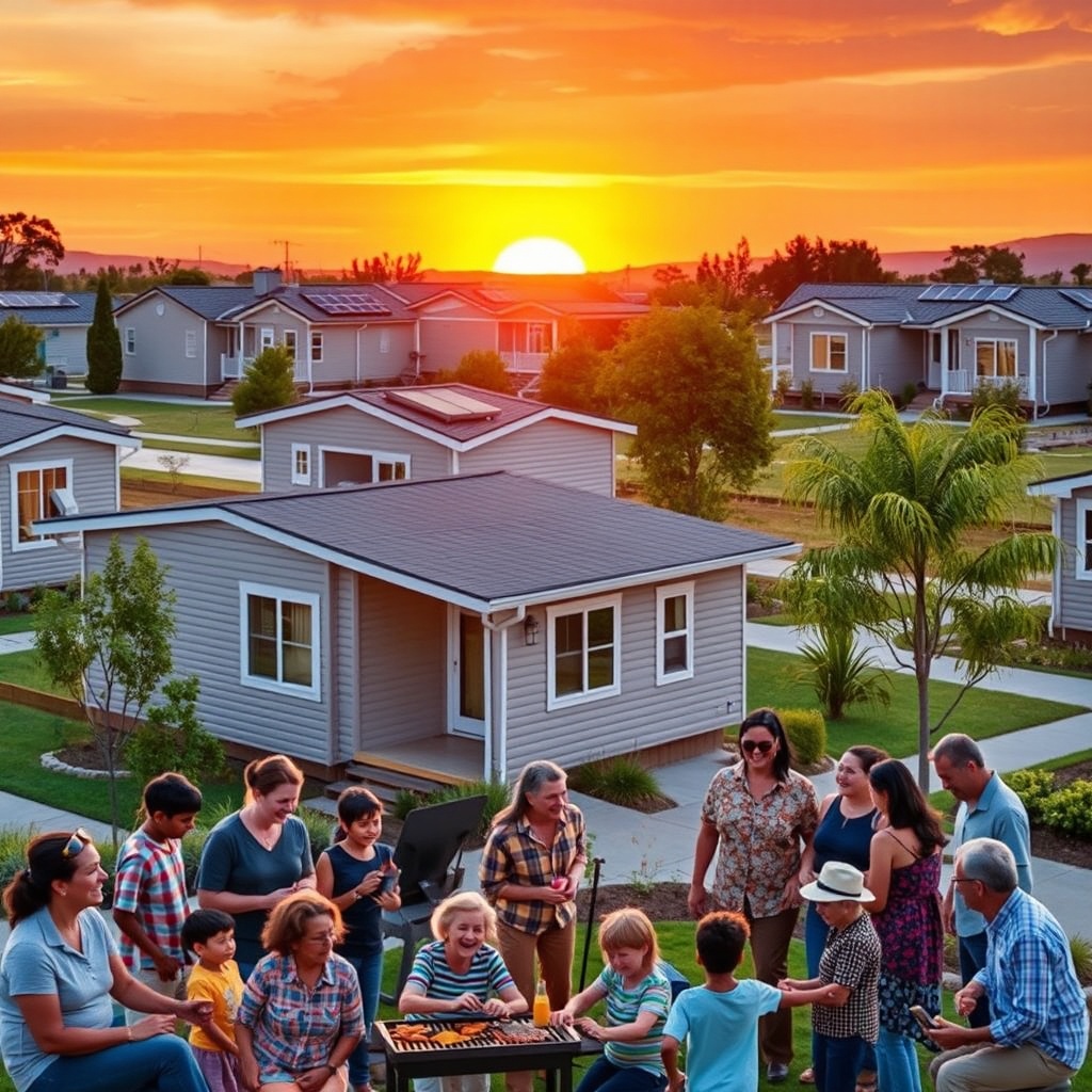 "A realistic depiction of a newly constructed affordable manufactured home community at sunset, emphasizing a sense of warmth and community. The scene includes several well-designed manufactured homes arranged in a clean, landscaped area. Each home has modern architectural features and eco-friendly elements like solar panels on the roofs. In the foreground, a diverse group of happy residents, including families and elderly individuals, is engaging in community activities like a barbecue or children playing in a safe play area. The setting should convey a vibrant, supportive community environment, appealing to stakeholders interested in sustainable and budget-friendly housing solutions."