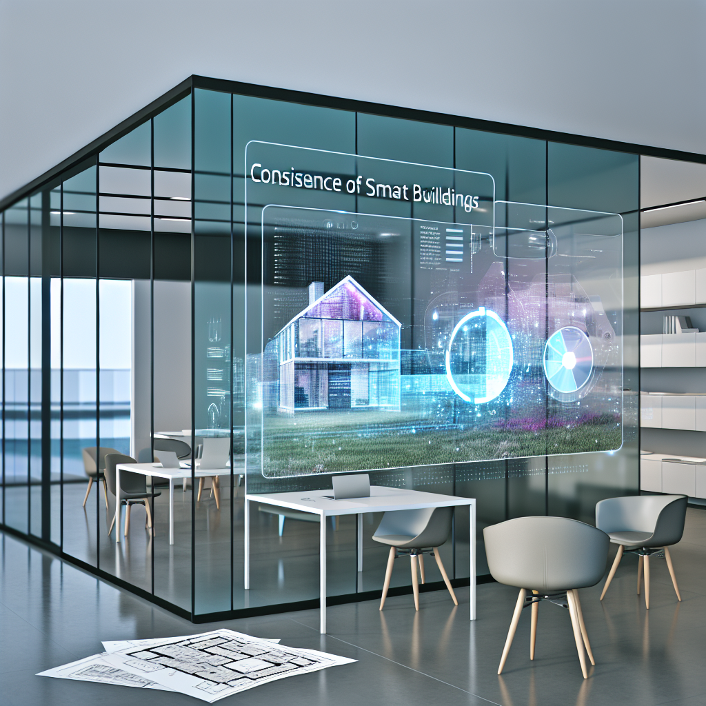 "A sleek, modern office environment featuring an open layout with glass walls and contemporary furniture. In the center, a prominent, high-definition digital display shows a real estate analytics interface, innovatively combining classic architectural designs and modern technological elements. The screen showcases a blend of traditional homes and cutting-edge smart buildings, symbolizing the melding of consistency and innovation in real estate. The surrounding office hints at dynamic work in progress with architectural blueprints and digital tablets scattered around, reflecting a professional and forward-thinking atmosphere."