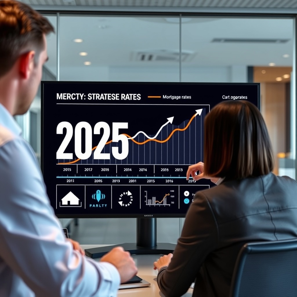 "A visually engaging workspace featuring a real estate agent examining a large, intricate infographic on a digital screen that prominently displays fluctuating mortgage rates for 2025. The background shows a sophisticated office setting with a clear, modern aesthetic. The infographic includes graphical representations of trends and strategies, such as arrows, curves representing market dynamics, and icons symbolizing homes and financial instruments. This setup reflects a professional tone, targeting realtors who seek insights into effective strategies for navigating future market conditions."