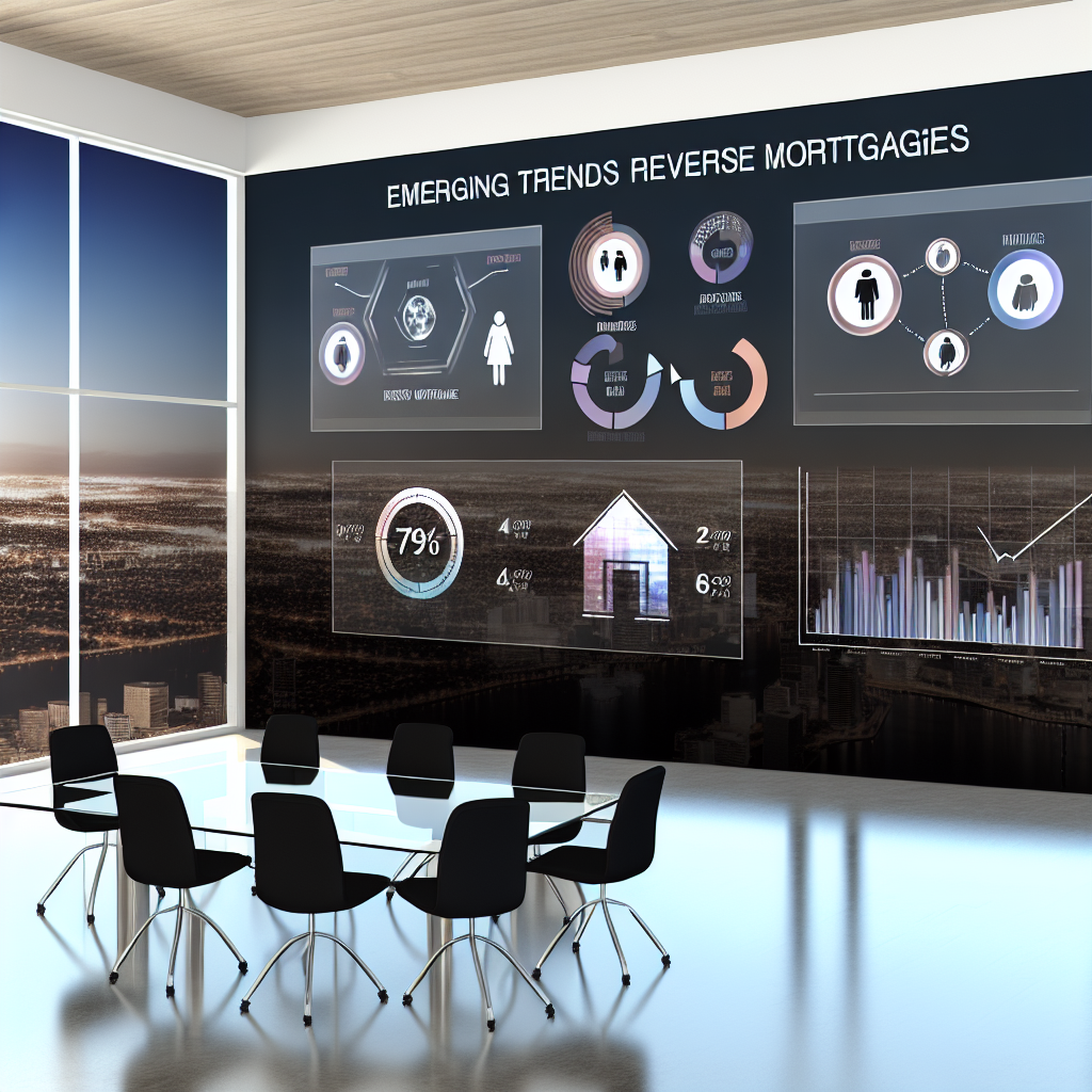 "A sleek and modern financial planning office environment featuring a large digital display showcasing dynamic graphs and infographics about the growing trends in reverse mortgages. The background includes a cityscape seen through large windows, symbolizing growth and future potentials. On the display, highlight subtle icons representing elderly homeowners, real estate, and financial planning tools. The setting should convey professionalism, clarity, and a forward-thinking atmosphere, appealing to financial advisors and elderly homeowners contemplating their future housing finance options."