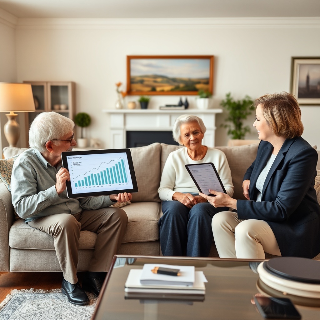 "A serene living room scene featuring an elderly couple sitting comfortably with a young financial advisor. The advisor, displaying a tablet showing a graph of financial projections, discusses the benefits of reverse mortgages. The room reflects a sense of security and warmth, showcasing a mix of classic and contemporary decor that appeals to an older audience, aimed to suggest stability and trustworthiness."