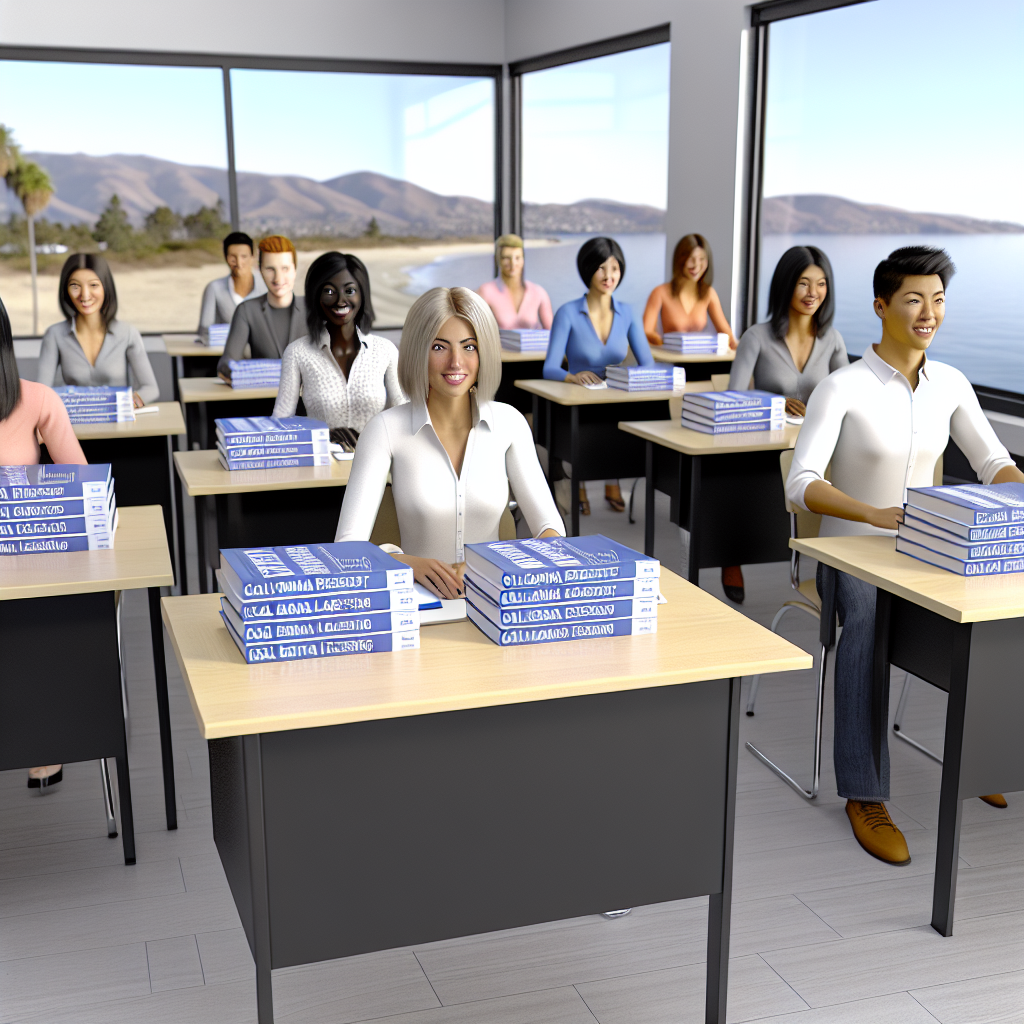 "A realistically styled image of a young, diverse group of people, enthusiastically participating in a real estate training class. The scene is set in a bright, modern classroom with large windows, filled with natural light. Each student's desk features textbooks and California real estate licensing practice exams. The background showcases a scenic view of the California coastline, subtly integrating the location’s influence in the setting. The overall atmosphere is focused, yet inviting, tailored to appeal to aspiring real estate professionals."