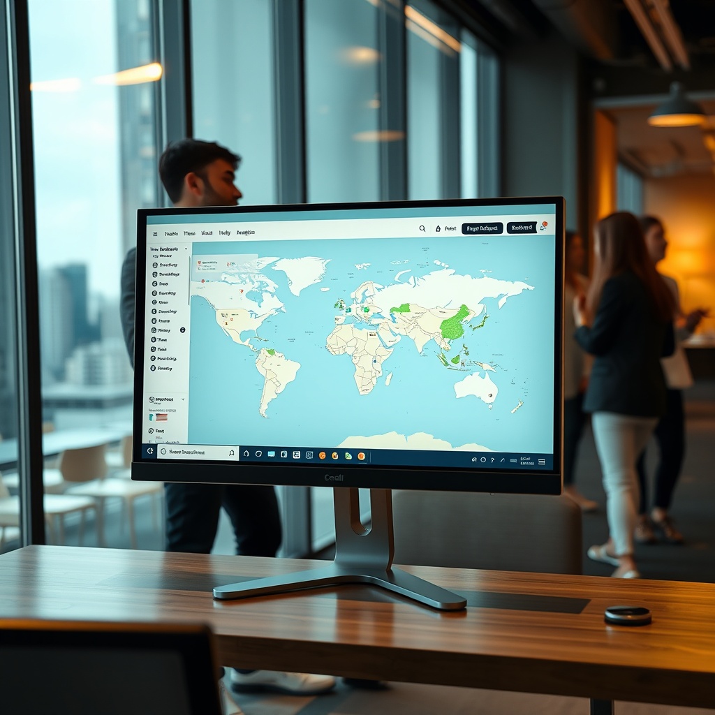 "A sleek and modern user interface of the BoldTrail real estate technology on a high-resolution computer monitor, situated in a stylish startup office environment. The screen displays a dynamic map integrating cutting-edge features such as real-time property analytics, 3D virtual tours, and demographic overlays. The scene is enhanced by the presence of a young, diverse team of professionals interacting in the background, reflecting collaboration and innovation in the tech-driven real estate market. The setting is contemporary, with large glass windows offering a view of the urban skyline, emphasizing the connection between technology and urban real estate developments."