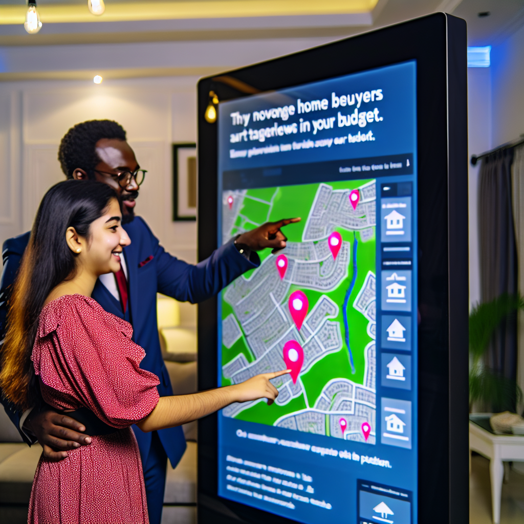"A young couple examining a large, interactive digital display showing a dynamic real estate map, which highlights various property options within their budget in a residential area. The map includes interactive pins with brief property summaries visible as they touch each pin. The backdrop is a cozy, well-lit real estate office with a friendly advisor pointing at the screen, aiding their decision-making process. The atmosphere is supportive and hopeful, designed to represent empowerment and guidance for first-time homebuyers facing market challenges."