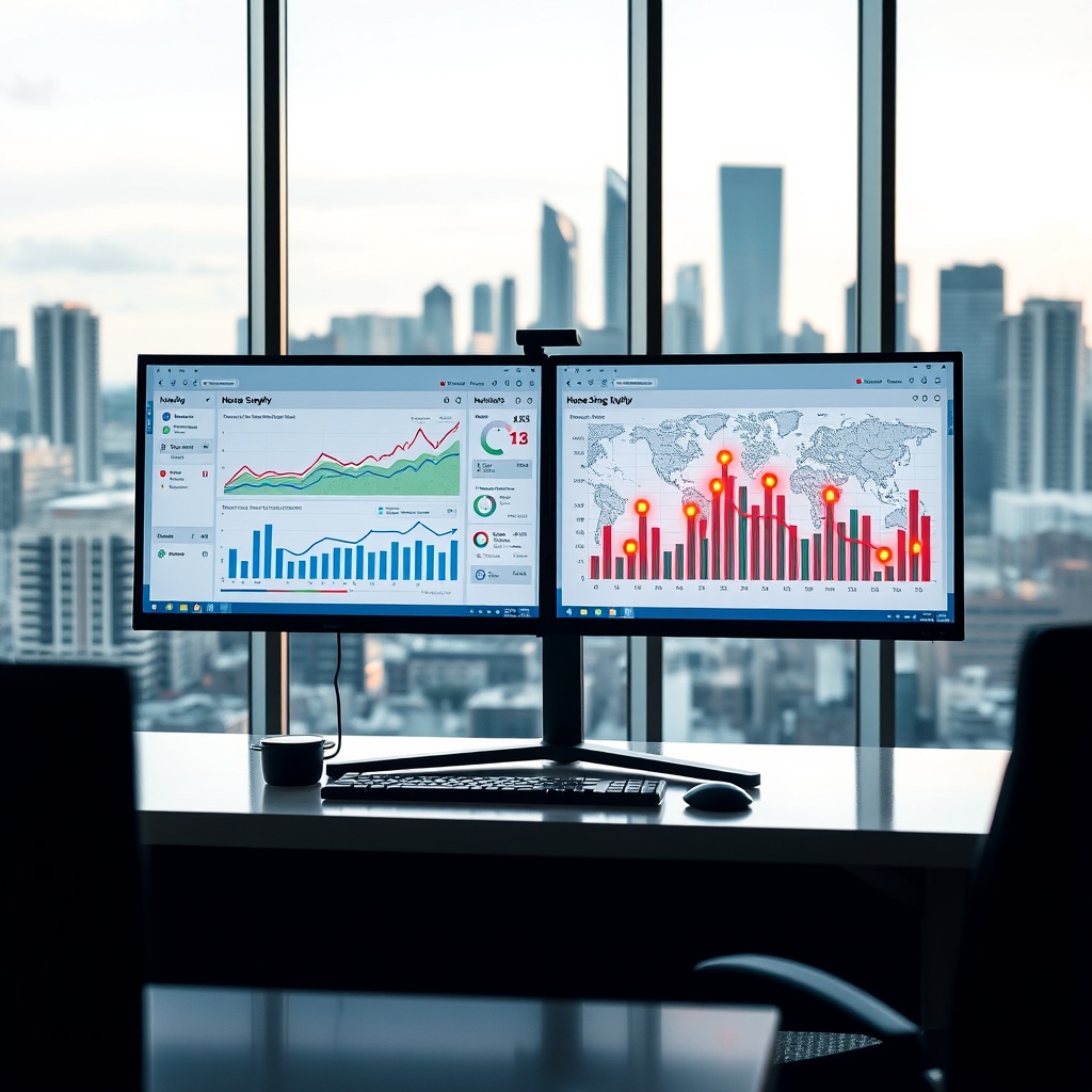 "A modern real estate analytics dashboard displayed on a sleek dual-monitor setup, reflecting dynamic charts and graphs showing recent trends in housing supply. The dashboard includes an interactive map vividly marking new housing developments with glowing indicators. The scene is set in a stylish office environment with floor-to-ceiling windows showcasing a city skyline, symbolizing growth and opportunity in the real estate market. The atmosphere is professional with a hint of cutting-edge technology, aimed at industry experts looking to capitalize on market conditions."