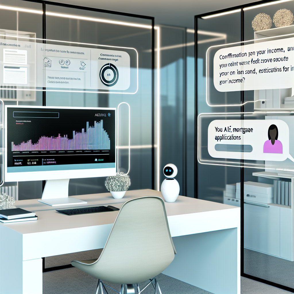 "A sleek, modern office setting showcasing a desktop computer with dual screens; one displaying an AI-powered mortgage application interface with graphical analytics such as credit score bars, income verification, and loan approval probabilities. The other screen shows a virtual assistant or chatbot window offering guidance to a homeowner. The backdrop features a minimalistic office with glass walls and subtle decors reflecting high-tech corporate culture."