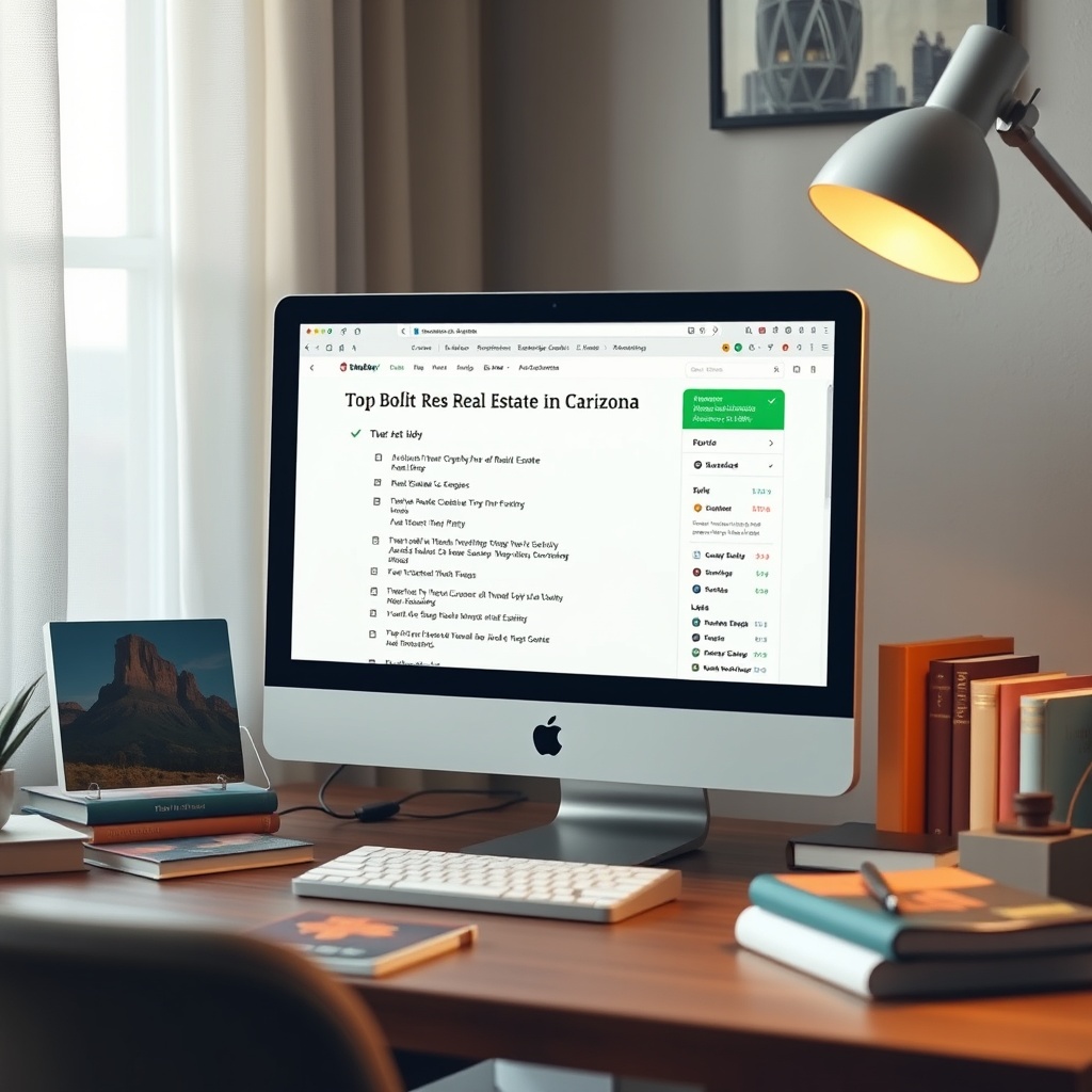 "A realistic image of a cozy study area with a contemporary design, featuring a high-resolution computer screen displaying a webpage with a list of the 'Top Online Real Estate Courses in Arizona for 2023'. Surrounding the computer are Arizona landscapes and real estate-related books, subtly hinting at the local focus. The scene is bathed in the warm glow of a desk lamp, creating a welcoming and studious atmosphere."