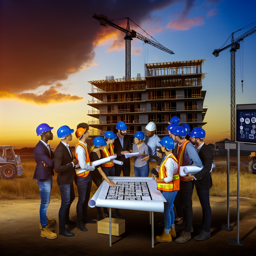 "A construction site during the early stages of residential development, captured at sunset to highlight a serene and hopeful atmosphere. The image features several architects and engineers wearing safety helmets, actively discussing over a set of blueprints unrolled over a makeshift table. In the background, advanced construction machinery, such as a crane and a digital panel displaying project analytics, underscores cutting-edge technology and efficiency in homebuilding. The setting conveys a blend of teamwork and innovation, aimed at attracting professionals interested in future strategies for overcoming challenges in the homebuilding industry."