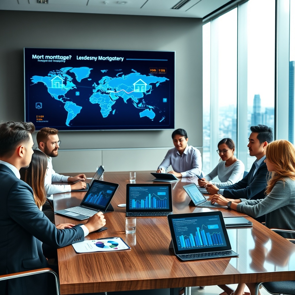"A sleek and modern corporate boardroom setting showcasing a group of diverse professionals in a strategic meeting about the mortgage industry. The table is equipped with high-tech devices like tablets and laptops displaying graphs and charts regarding market trends and customer demographics. The backdrop features a large screen projecting a dynamic digital map pinpointing various housing markets with fluctuations in mortgage rates. The decor is sophisticated with a glass wall overlooking a cityscape, symbolizing a broad view and future-focused insights in leadership within the mortgage sector. The scene conveys a sense of collaboration, leadership transformation, and success driven by data and technology."