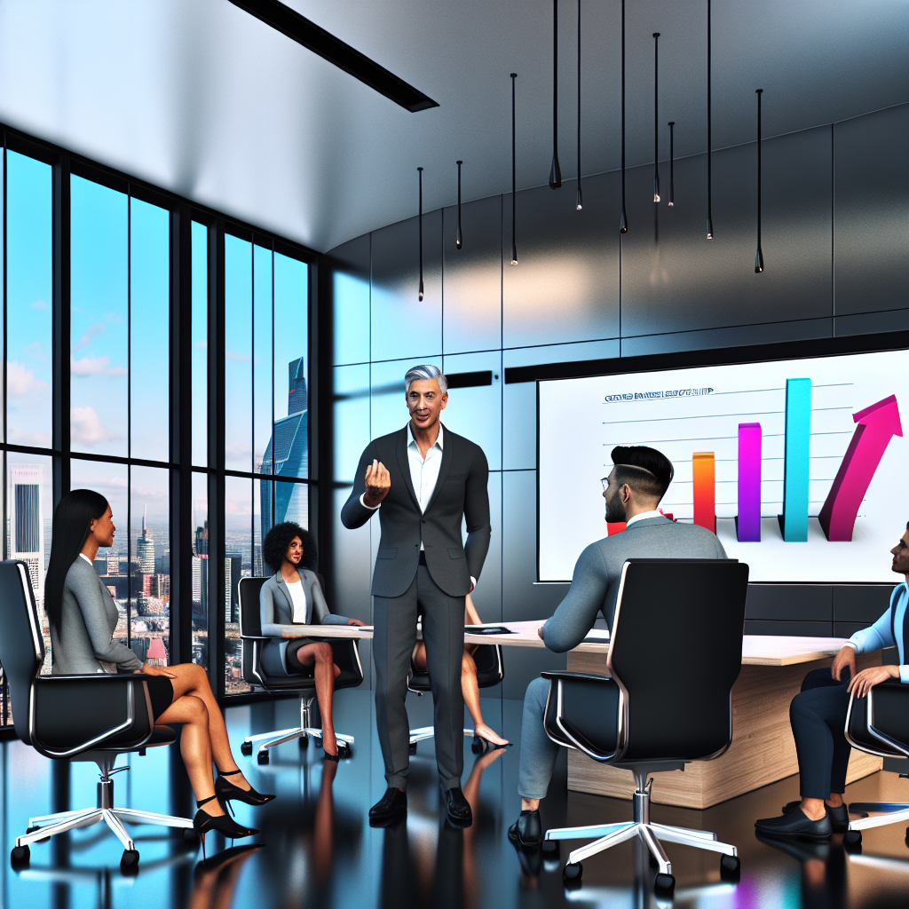 "A sleek, contemporary conference room setting where a thoughtful executive (representing Andrew Bon Salle) leads a meeting with a diverse group of professionals. On a large screen behind him, there's a dynamic presentation featuring a graph showing upward trends in mortgage leadership effectiveness. The room has modern furnishings and a view that overlooks a bustling cityscape, symbolizing progress and future-oriented leadership in the mortgage industry. This scene captures a moment of strategic discussion, emphasizing innovation and inclusivity in corporate leadership."