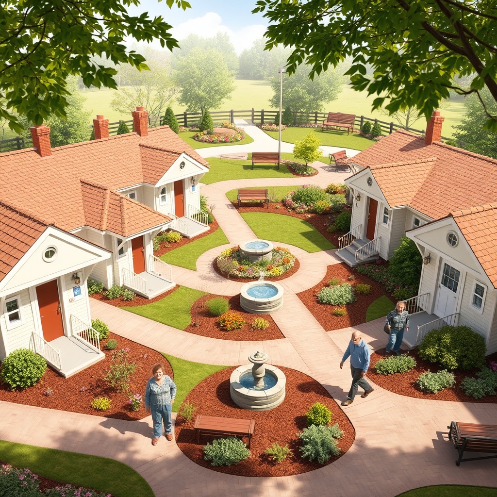 "A warm and inviting scene of a cottage court, designed specifically for seniors, showcasing several small, charming cottages grouped around a central, landscaped courtyard. Each cottage features accessible design elements like ramps and wide doorways. The courtyard is lively with a few seniors enjoying outdoor activities such as gardening and walking on paved paths. The background highlights a serene setting with benches and a small fountain, emphasizing a community-oriented and safe environment. The style is realistic, reflecting a peaceful, supportive community for seniors."