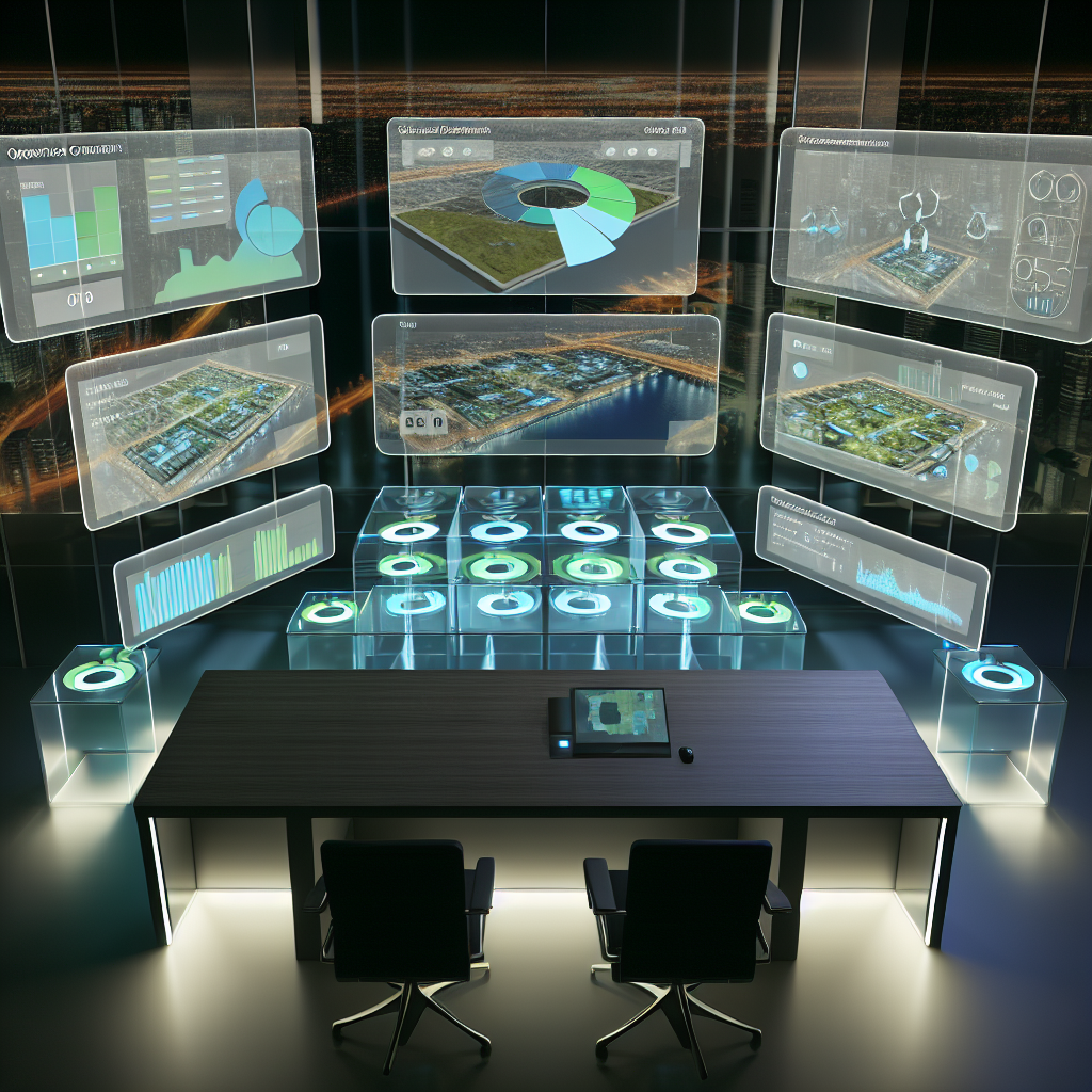 "A sleek, high-tech command center featuring multiple transparent digital screens floating above a modern wooden desk. Each screen displays dynamic, real-time graphics of resource allocation, energy consumption, and operational efficiency in an urban real estate setting. The room is subtly lit with ambient blue and green lights to emphasize technology and sustainability. Visible in the background are aerial views of various property developments lit up to indicate active management areas, symbolizing cutting-edge real estate technology."