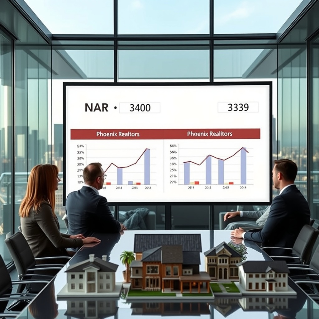 "A sleek and sophisticated conference room setting featuring professionals in discussion over a large screen displaying comparative graphs and statistics between NAR (National Association of Realtors) and Phoenix Realtors. The room is modern with glass walls, subtly reflecting the skyline of Phoenix in the background. The table hosts architectural models of residential properties, highlighting their distinct attributes. This scene conveys a strategic, data-driven approach to understanding real estate market standards, appealing to industry professionals and market analysts."