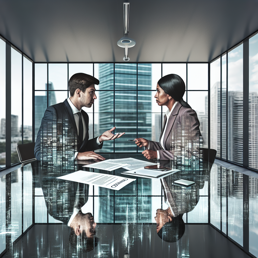 "An intense but sophisticated office environment illustrating a heated discussion between two professional real estate agents, one male and another female, over a modern, glass-topped conference table scattered with property documents and legal papers. The background subtly displays a cityscape through large, clear windows. The focus is on a detailed, realistic portrayal of negotiation in a high-stakes business situation, reflecting the tension and importance of real estate disputes."