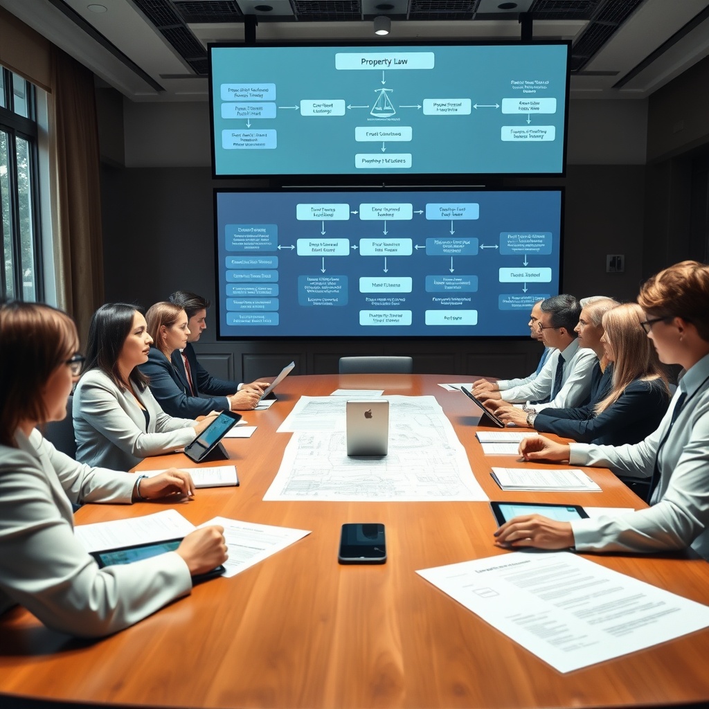 "A focused imagery of a large, elegant conference room where a group of diverse legal professionals, both male and female of varying ages, are engaged in a strategic meeting. The table is adorned with legal documents, real estate blueprints, and digital tablets displaying property law databases. Overhead, a large screen shows a complex flowchart illustrating the steps in a legal appeal process related to real estate. The room is well-lit with natural light coming through large windows, portraying an environment of serious, focused deliberation that appeals to legal experts and real estate developers looking for strategic insights."