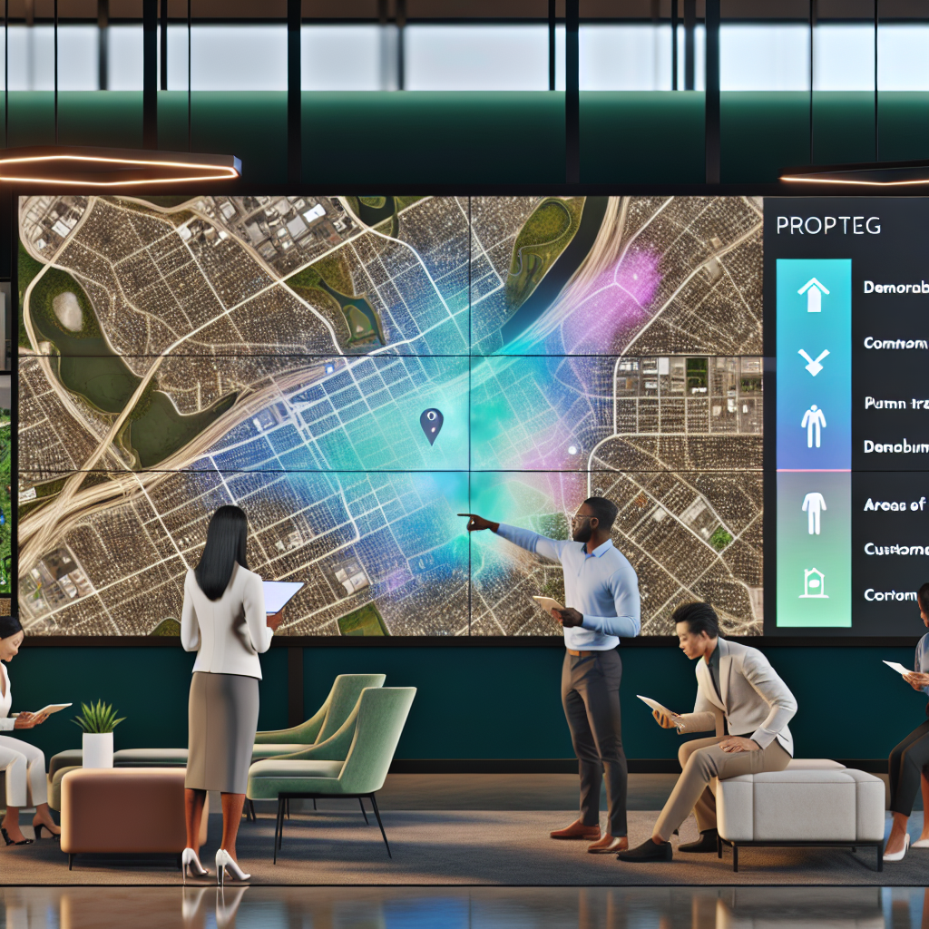 "A sleek and modern proptech office environment showcasing a large, interactive digital touch screen map. The map vividly displays a vibrant urban area with dynamic overlays of community data such as demographic trends, public transport links, and areas of high residential satisfaction. People, a mix of real estate professionals and developers, are actively engaging with the map, using tablets to adjust filters and analyze data. The office is well-lit, featuring contemporary furniture and green plants, communicating a blend of technology and community focus."