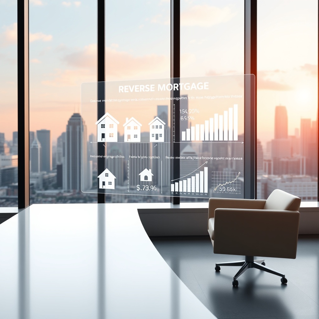 "A sleek, modern office environment with a large, transparent touchscreen display showing a dynamic infographic of reverse mortgage trends and statistics. The background features a cosmopolitan cityscape seen through large windows, symbolizing growth and progression in real estate markets. The infographic includes subtle, realistic icons representing residential homes, increasing age demographics, and financial graphs, reflecting the sophisticated financial options available to the elderly homeowner demographic. The scene conveys a blend of professionalism and cutting-edge technology, appealing to real estate professionals who are interested in the latest tools and strategies for advising clients on reverse mortgages."