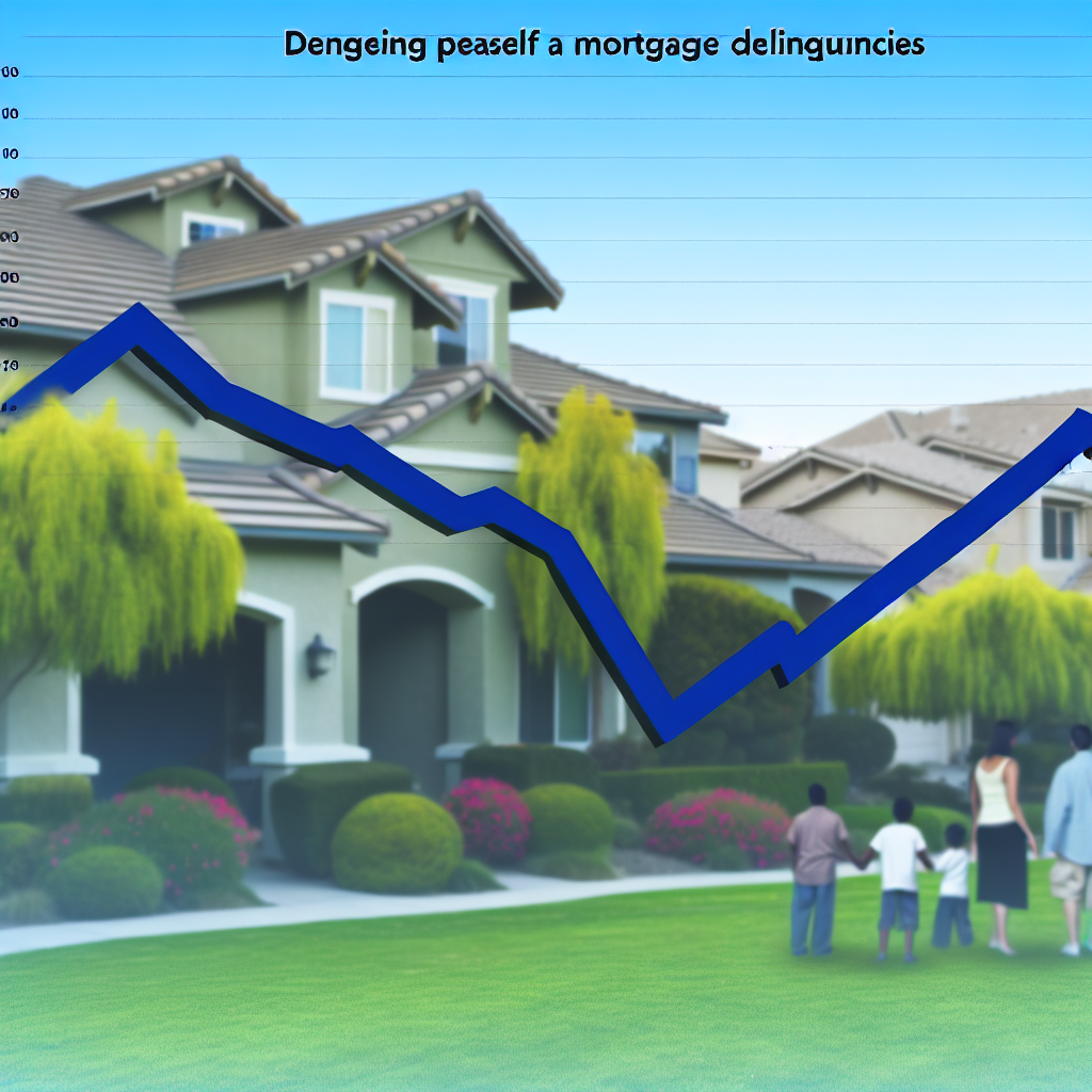 "A visually appealing stock market-style graph displaying a downward trend in mortgage delinquencies against a backdrop of a flourishing suburban neighborhood. The neighborhood shows a variety of well-maintained homes, lush green lawns, and families enjoying outdoor activities, symbolizing a thriving real estate market. This scene conveys a positive economic outlook, suggesting stability and growth in real estate investments."