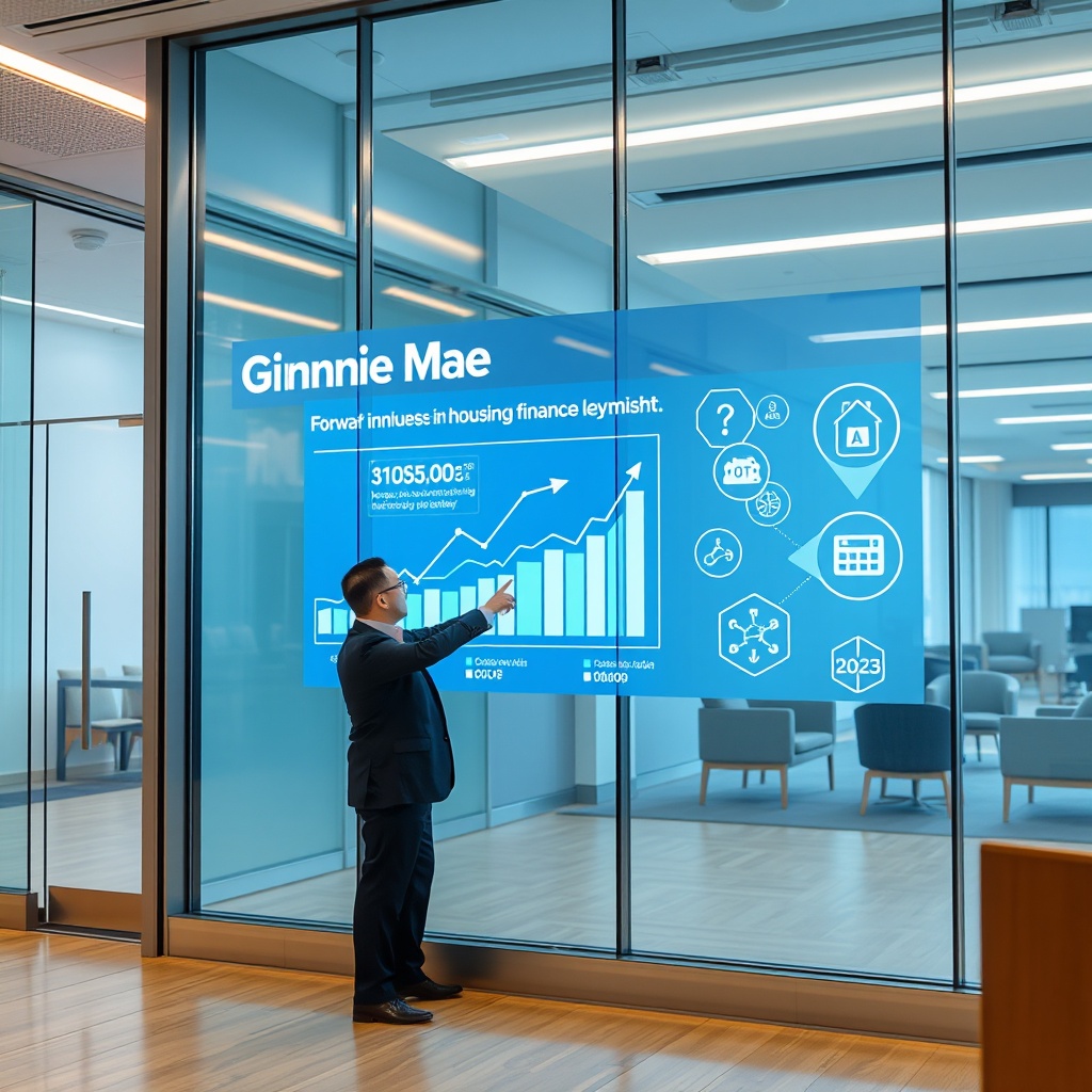 Prompt: "A modern, brightly-lit office space with a large, transparent glass wall displaying a digital projection of Ginnie Mae's innovative projects. The scene includes a professional-looking individual pointing towards the projection, which highlights graphs of financial growth and icons representing advancements in housing finance technology, such as blockchain and AI systems. The atmosphere conveys a sense of forward-thinking leadership and financial stability, targeted at industry professionals and investors."