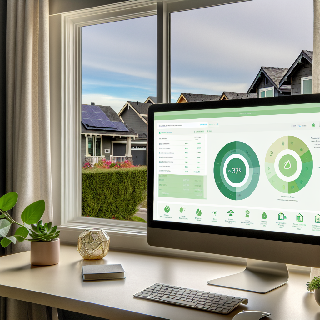 "An elegant home office featuring a large, glossy desktop monitor displaying the latest PACE (Property Assessed Clean Energy) financing dashboard. The screen showcases various eco-friendly home improvements and their projected energy savings. In the background, through a large window, view a suburban neighborhood with homes equipped with solar panels and advanced insulation. The office is decorated with green plants and eco-friendly materials, reflecting a focus on sustainability and energy efficiency, appealing to environmentally conscious real estate professionals."
