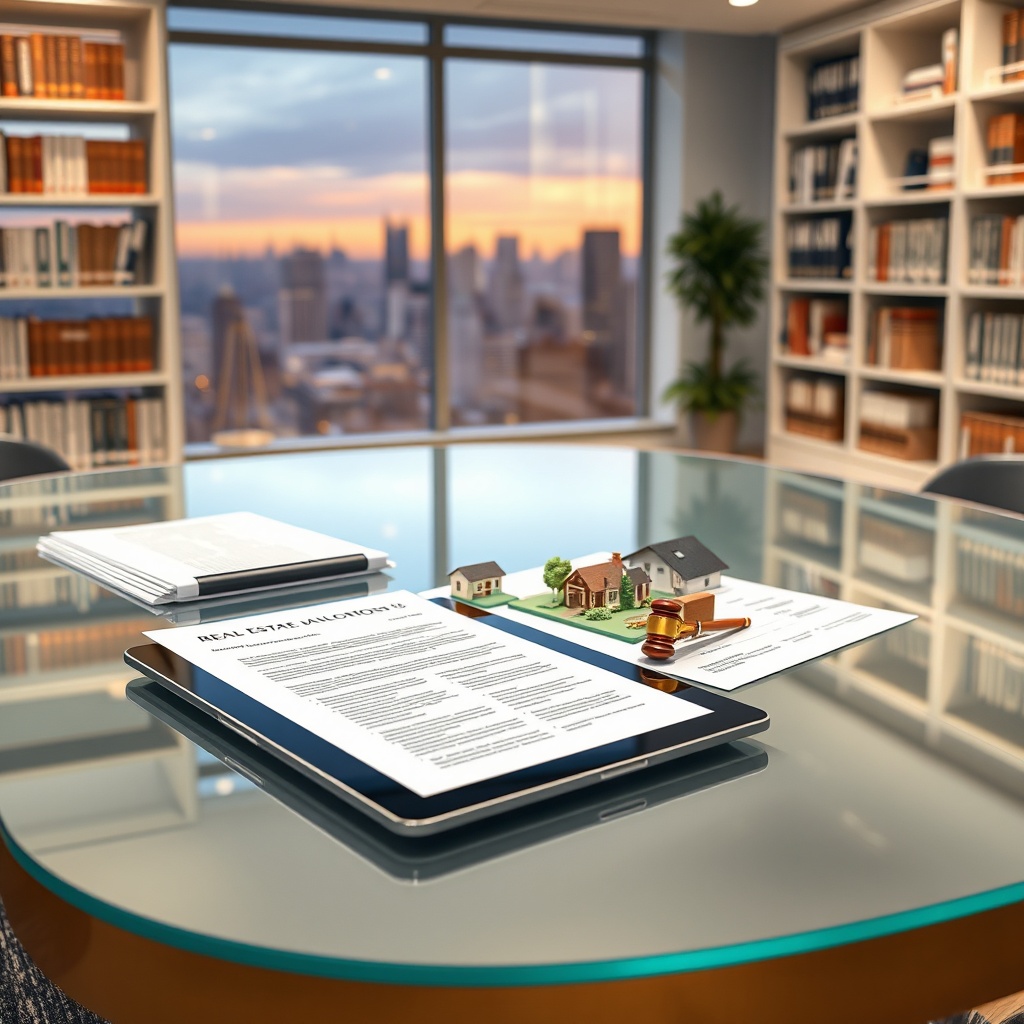 "A visually engaging, professional scene depicting a modern law office environment, focusing on the theme of real estate regulation. The central element is a large, sleek, transparent glass table showcasing various real estate documents, a miniature model of a residential neighborhood, and a digital tablet displaying a legal analysis. Prominently featured are the subtle, elegant background elements like bookshelves filled with law and real estate books, and a large window overlooking a cityscape at dusk, conveying a serious, high-stakes atmosphere relevant to the topic of complex real estate lawsuits."