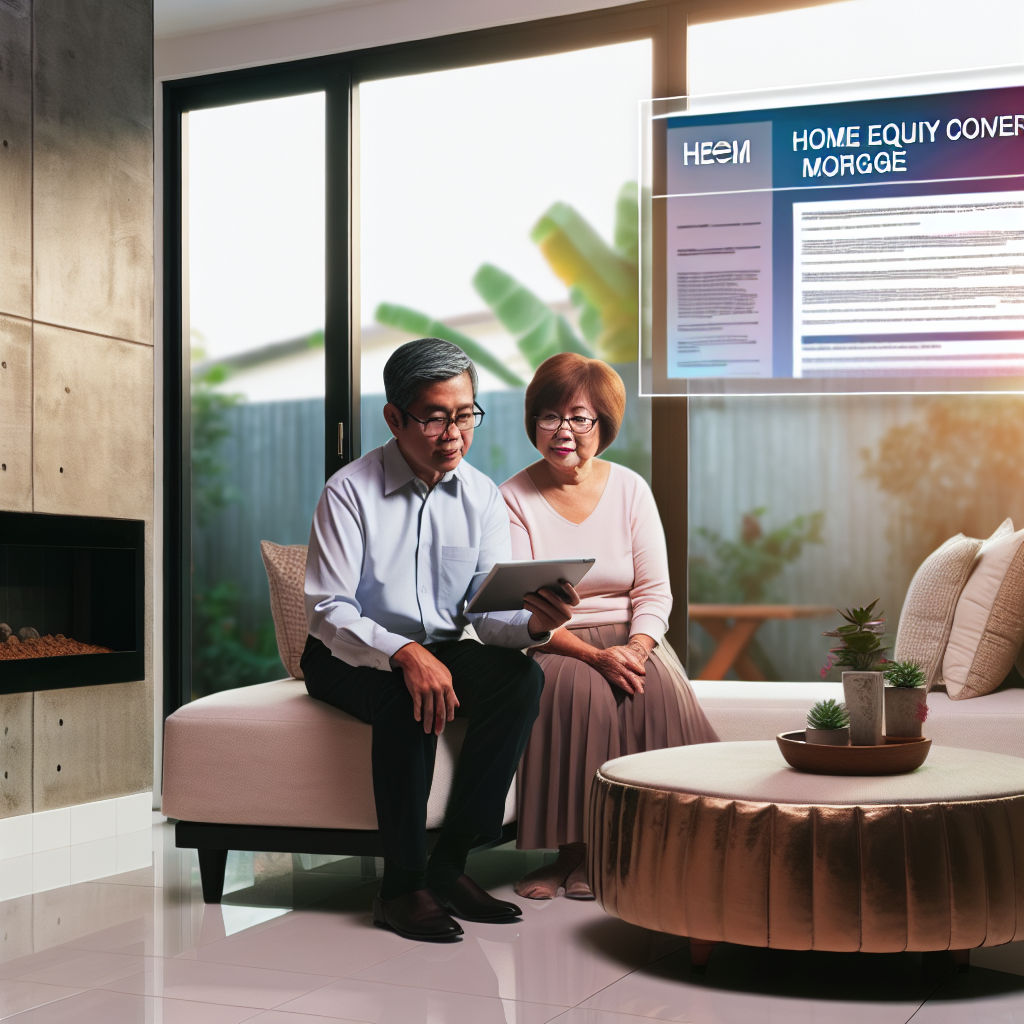 "A warm and inviting senior living room set in a contemporary apartment, showcasing a bright, airy atmosphere with large windows overlooking a tranquil garden. The scene includes a stylish, elderly couple reviewing financial documents related to Home Equity Conversion Mortgages (HECM) on a sleek, modern tablet. The living area is tastefully decorated with comfortable furnishings, houseplants, and personal touches that reflect a secure, fulfilled lifestyle. This imagery highlights the concept of financial security and enhanced living options for seniors, emphasizing reassurance and trust."