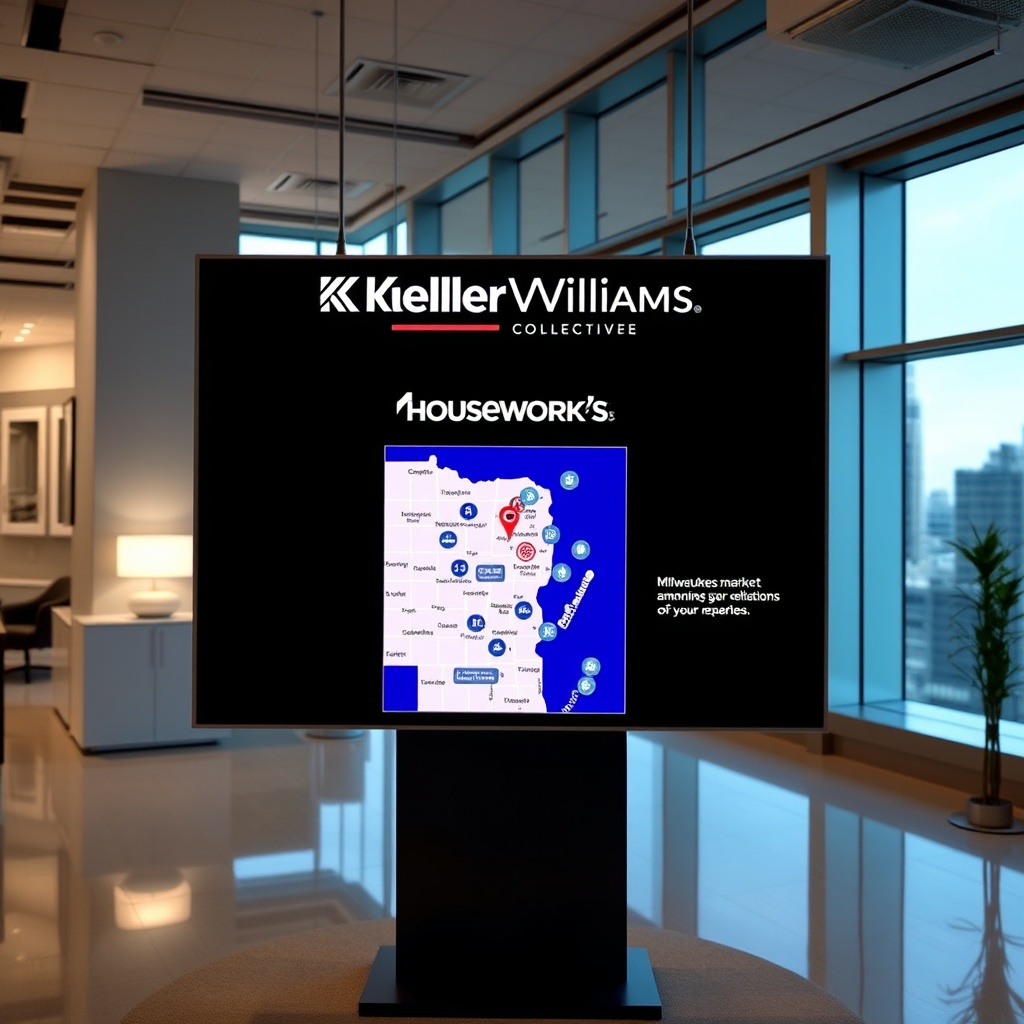 "A sleek, contemporary real estate office environment showcasing a vibrant digital display. The screen prominently features the Keller Williams logo alongside the Houseworks Collective branding, symbolizing their integration. The display shows an interactive Milwaukee real estate market map pinpointing various properties, with emphasis on unique amenities offered through the collaboration. The setting is professional, with high-tech accents and a backdrop of Milwaukee's skyline through large glass windows, reflecting advancement and local market focus."