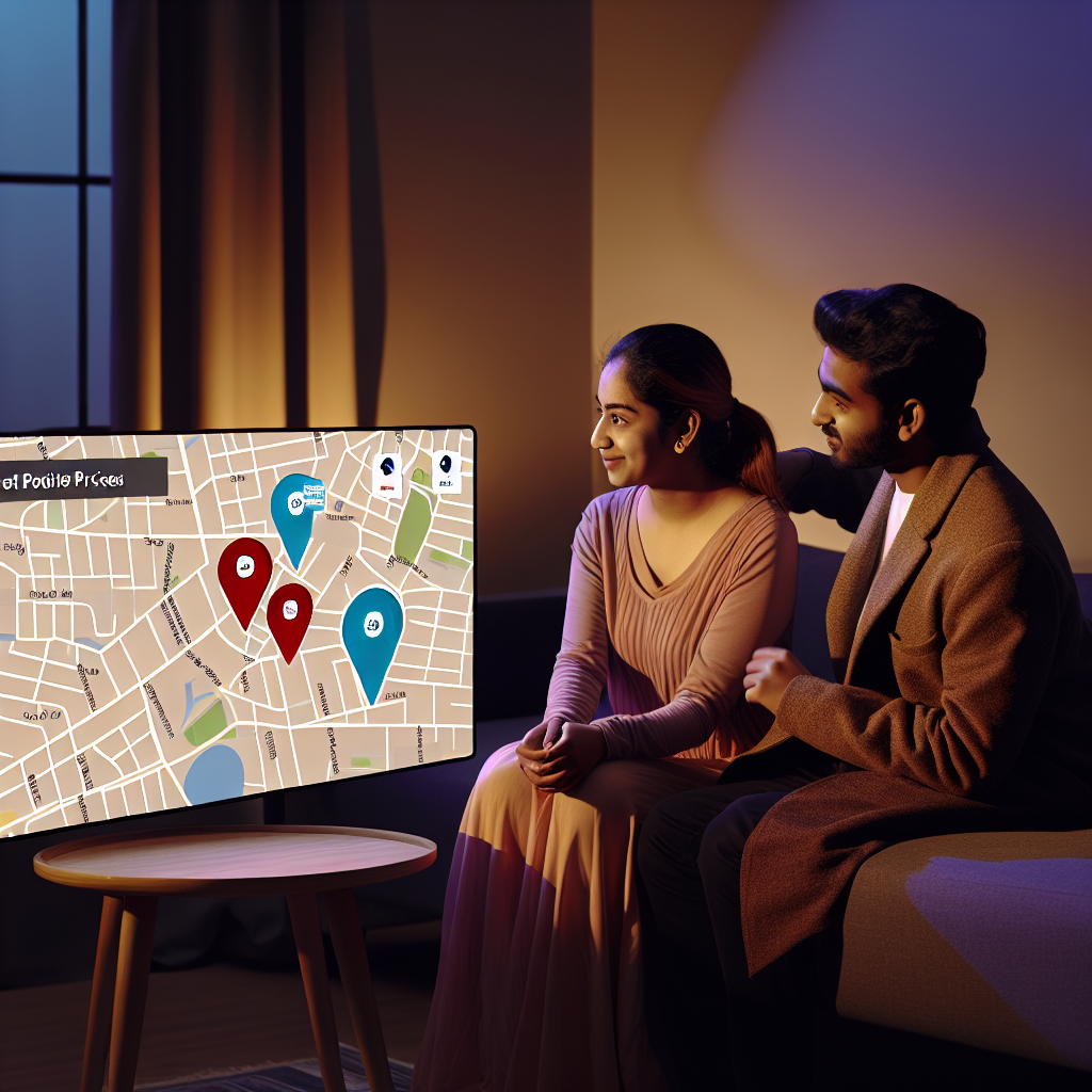 "A visually engaging image depicting a young couple examining a digital display of an interactive map showing various rental properties in a bustling city. The map features dynamic rent price indicators, with a noticeable gradient from more to less expensive areas. The scene is set during the evening in a cozy, well-lit room with minimalist decor, emphasizing a sense of smart budgeting in an urban lifestyle. The couple looks thoughtfully at the map while discussing, embodying the challenge of finding affordable living spaces in 2025."