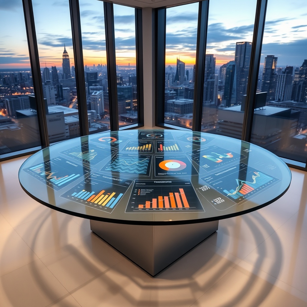 "A sleek, contemporary real estate office environment seen from an elevated, slightly angled view. The centerpiece is a large, clear glass table displaying various interactive screens with dynamic graphs and charts depicting real estate trends, investor behaviors, and consumer insights. Each screen vividly shows different market analytics, like housing price trends, demographic preferences, and investment hotspots. The office has large windows showcasing a city skyline at dusk in the background, signaling a vibrant market. The scene conveys a sense of advanced technology and strategic analysis, appealing to sophisticated real estate investors and professionals."