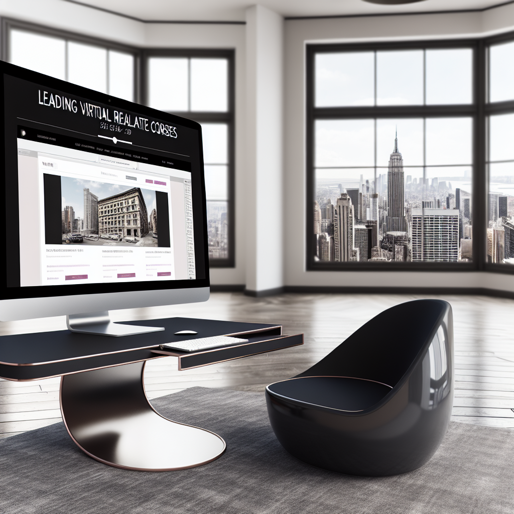 "A visually engaging and sophisticated scene depicting a study environment in an open, airy New York loft. The setting includes a sleek, modern desk with a high-definition monitor showcasing various tabs open with top online real estate courses. The background features a large window with a view of the New York skyline, emphasizing the city’s dynamic real estate market. The scene captures the essence of a driven and dedicated professional diving into their studies in a stylish and motivational workspace, reflecting the blog post’s focus on leading real estate education in New York."