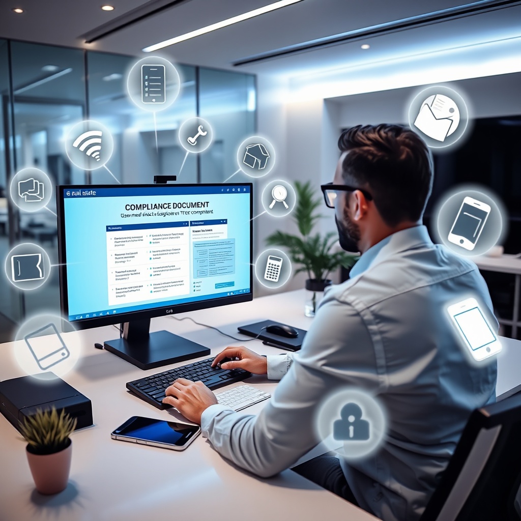 "A sleek, modern real estate office environment showcasing a marketer at a high-tech workstation, reviewing compliance documents on a computer screen. The screen displays a user-friendly digital interface that ensures direct marketing strategies are TCPA compliant. Around the marketer, there are visual symbols indicating successful communication methods, such as digital notifications and mobile phones, all enveloped in soft blue light to suggest clarity and vigilance in compliance. The setting conveys a sense of precision and professionalism crucial for real estate marketing."