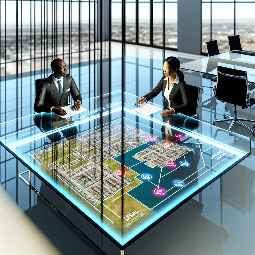 "A meticulous scene depicting a modern office, with a transparent glass conference table at the forefront showcasing a high-tech 3D interactive display. This display features a detailed view of a variety of residential and commercial real estate properties, each highlighted to show legal status, ownership challenges, or transparency issues under discussion. Two real estate professionals, one male and one female, both dressed in formal business attire, are actively engaged in analyzing the data and discussing. The backdrop is a sleek, contemporary office with large windows pouring in natural light and an expansive cityscape view, reflecting sophistication and a focused business environment."
