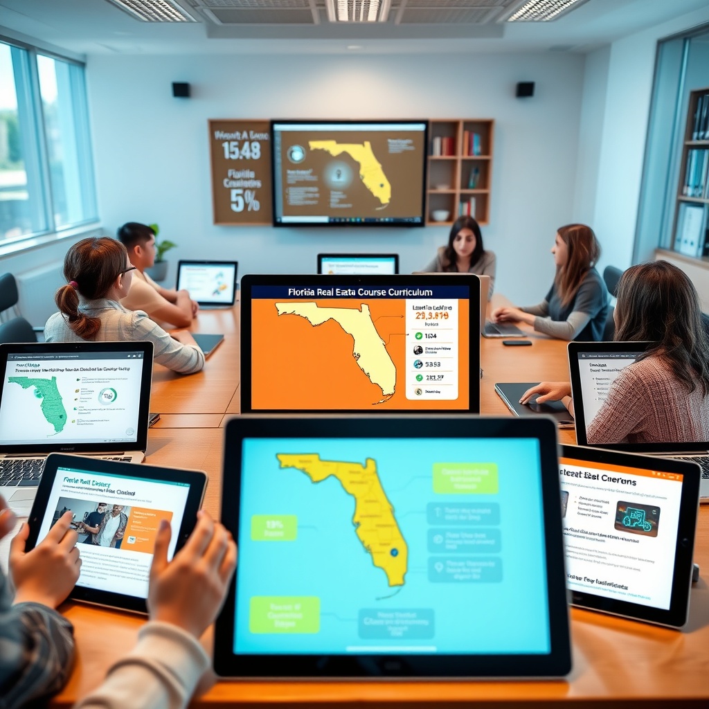 "An interactive digital classroom environment showcasing a variety of devices (tablets, laptops) each displaying a different aspect of an online real estate course curriculum, focused on Florida real estate laws and property management. Include visible elements like an interactive map pinpointing Florida, vibrant graphics illustrating course statistics, and diverse students engaging virtually. The scene is set in a bright, modern study space, embodying a sense of accessibility and educational advancement."