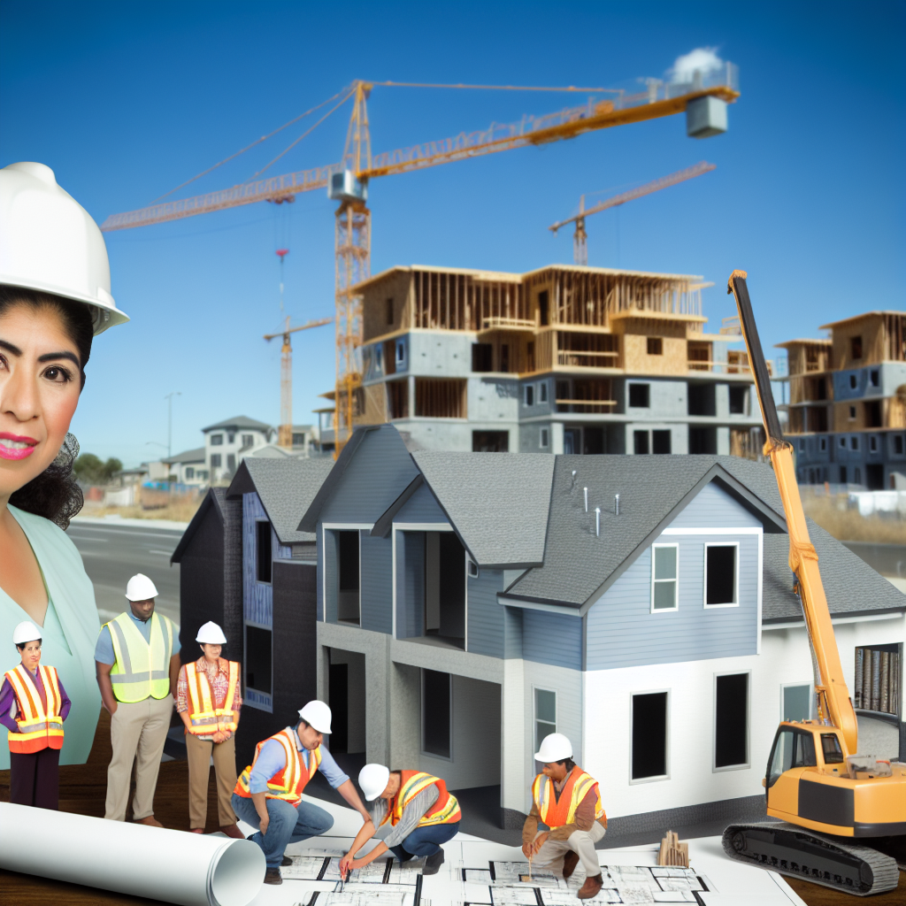 "A vibrant and dynamic construction site with multiple residential buildings in various stages of completion, under a clear blue sky. The scene features busy construction workers, advanced machinery in action, and an array of building materials like steel, concrete, and wood. In the foreground, an architect reviews blueprints beside a 3D model of a residential complex, symbolizing planning and development. The atmosphere conveys a sense of growth and busy activity typical of a construction boom."