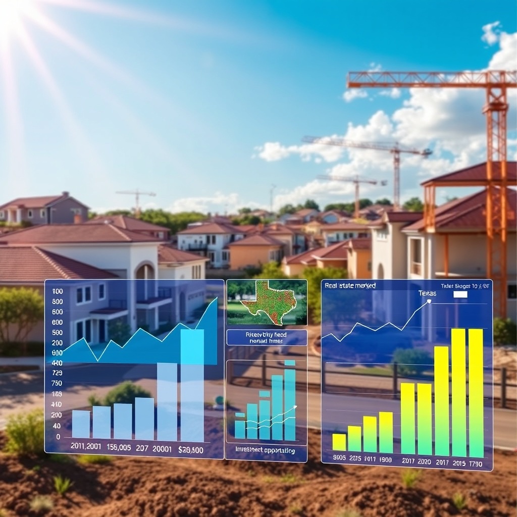 "A vibrant, sun-lit scene depicting a bustling Texan neighborhood undergoing development, showcasing modern homes under construction with a clear indication of rapid growth. In the foreground, an interactive digital display shows dynamic graphs and charts representing rising real estate market trends such as prices, demand, and investment opportunities in Texas. The setting reflects a blend of traditional and modern architectural styles, symbolizing a bridge between Texan heritage and contemporary innovation, indicating a thriving real estate scene. This image is designed in a realistic style to appeal to real estate professionals and investors."