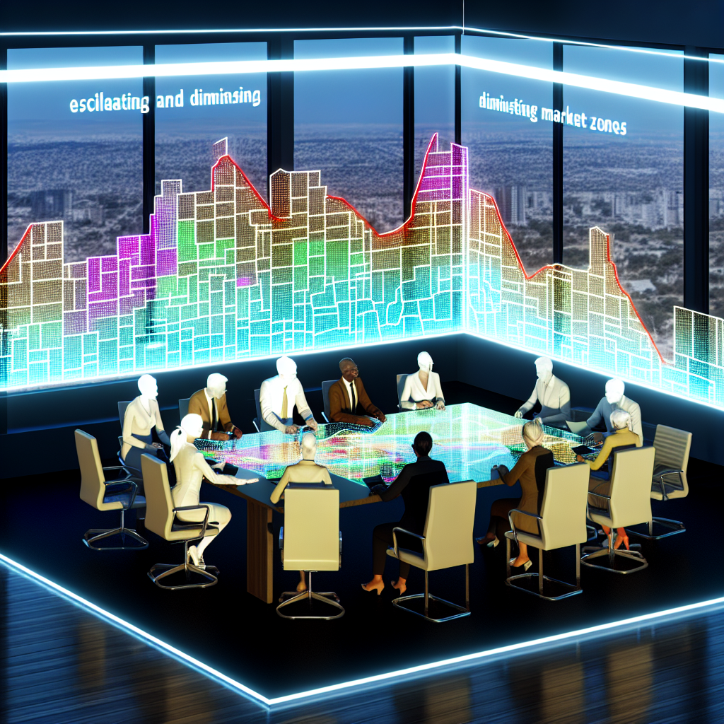 "A vibrant conference room setting featuring a diverse group of real estate professionals gathered around a large table, actively engaged in discussion. On the table, there's a large, illuminated map displaying dynamic housing market trends across a city. Highlighted areas depict rising, declining, and stable market zones using subtle color gradations. The room has a large window with a view of urban developments in the background, symbolizing the real-world impact of market trends. The style is clean, professional, and realistic, designed to resonate with industry experts and investors."