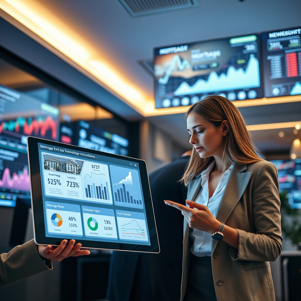 "A sleek, modern workspace featuring a dynamic real estate agent examining an interactive display of mortgage technology innovations. The display shows an intuitive interface of a cutting-edge software, with graphical representations of mortgage rates, loan comparisons, and approval processes. The background subtly showcases an upscale real estate environment with digital screens projecting market trends and financial graphs. The atmosphere is professional, illuminated with soft, focused lighting to emphasize a sense of advanced technological engagement and expertise in the field of real estate."