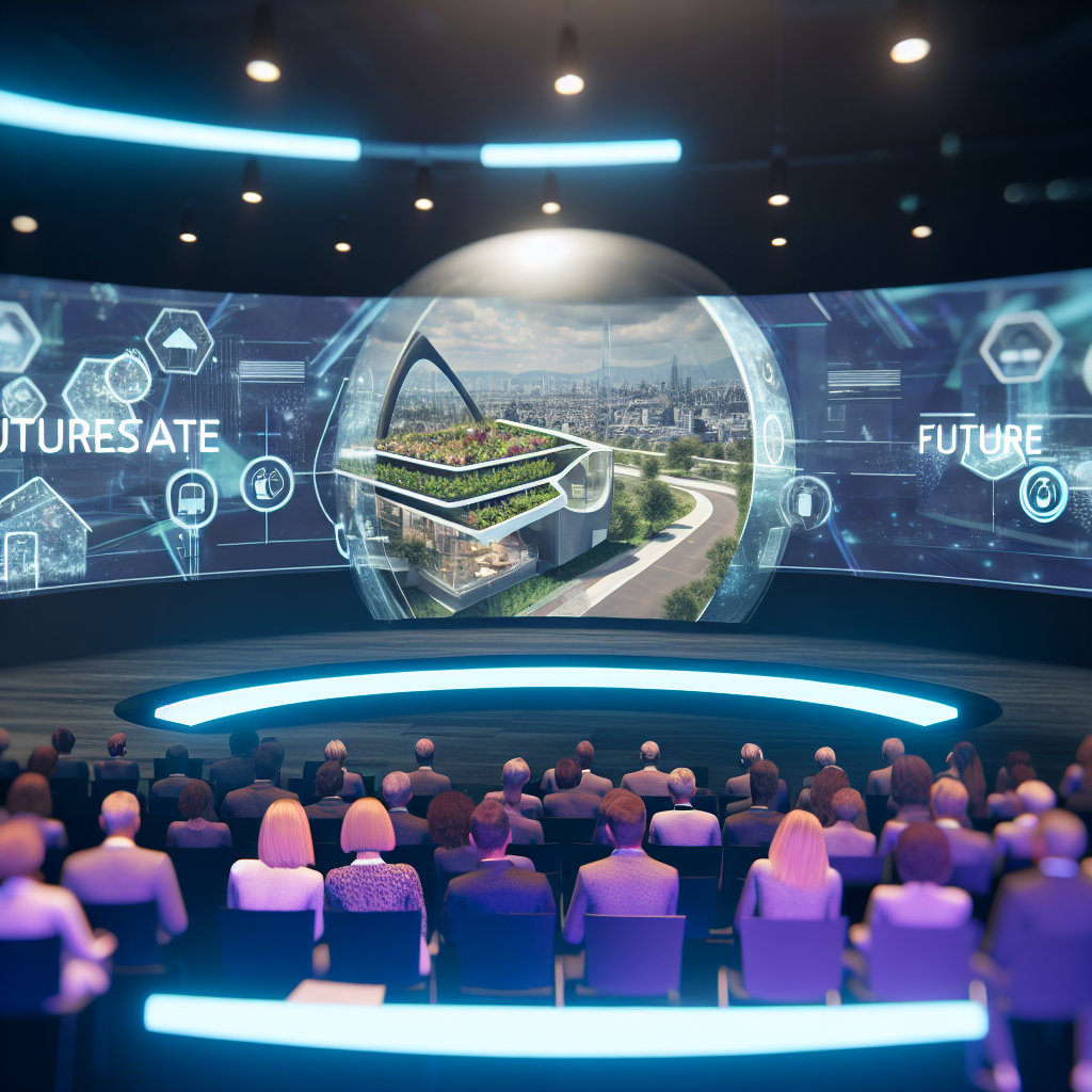 "A visually dynamic concept for the FUTURESTATE Conference showcasing a futuristic conference setting. The scene features a sleek, modern auditorium filled with diverse attendees engaged with a large holographic display projecting futuristic housing technologies. Visible in the hologram are smart homes, green rooftops, and advanced sustainable living solutions, emphasizing innovation in homeownership. The environment should convey a high-tech, inclusive atmosphere, with ambient lighting and sophisticated tech aesthetics to attract forward-thinking homeowners and tech enthusiasts."
