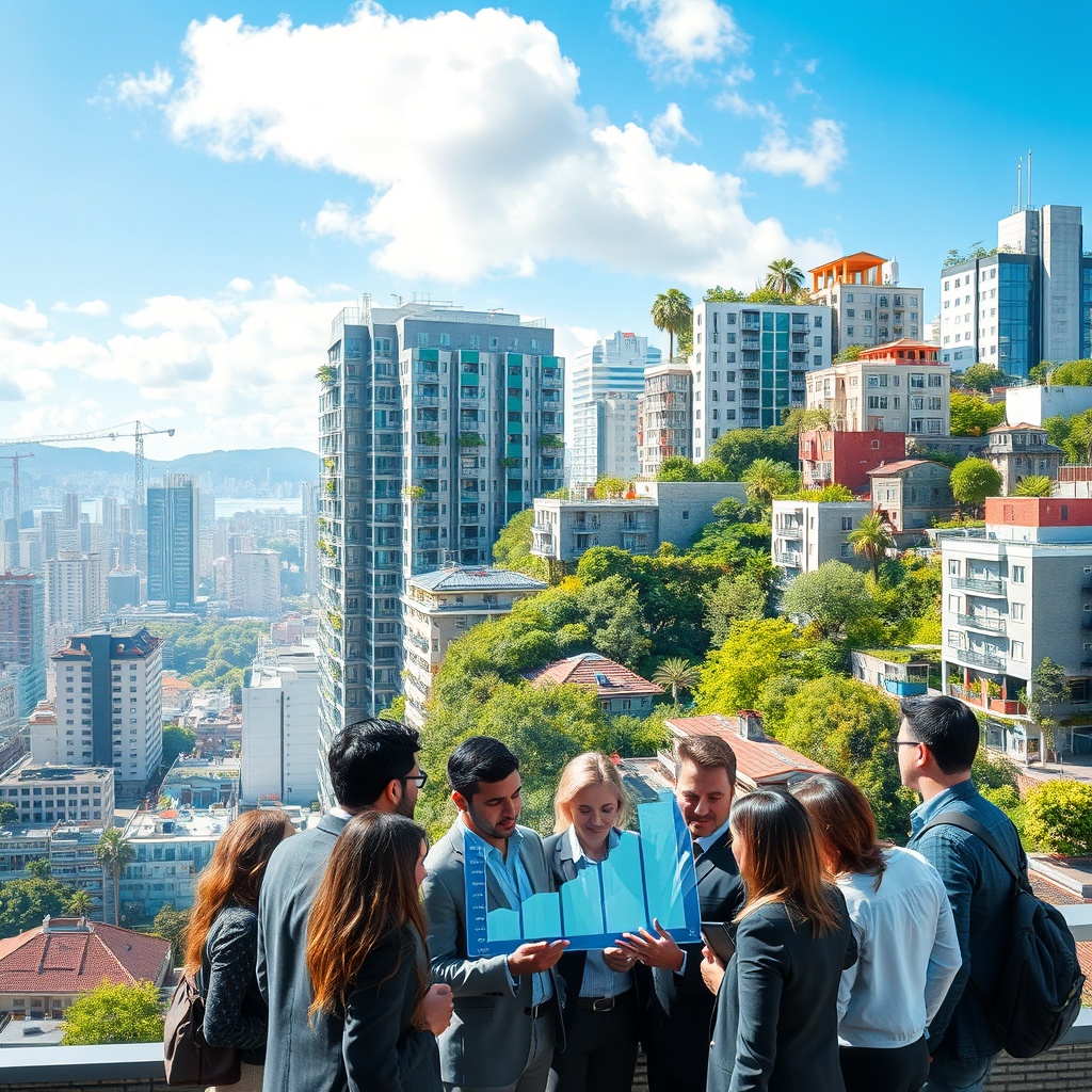 "A visually rich concept showcasing a resilient urban landscape, with a mix of green roofs, solar panels, and modern, earthquake-resistant buildings. The scene transitions from a traditional cityscape on the left to a high-tech, sustainable area on the right. The foreground features a diverse group of professional real estate agents, architects, and city planners collectively examining a transparent digital tablet that displays dynamic graphs and projections about future city planning and real estate developments. The image should emit a sense of innovation, sustainability, and forward-thinking necessary for 2025 real estate success, set against a backdrop of a clear, vibrant day to symbolize optimism and renewal."