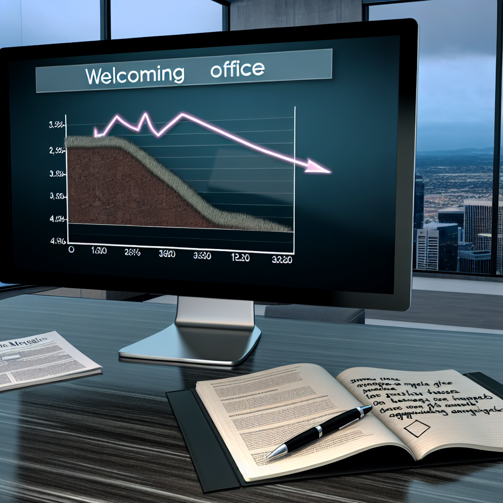 "An inviting office setting featuring a large, modern desk. On the desk, there is a high-resolution computer screen displaying dynamic charts and graphs analyzing mortgage trends including a downward trend line indicating declining applications. Nearby, an open notebook contains handwritten notes and a financial newspaper is partially visible. The office has a clean and professional look with a large window showcasing a cityscape, conveying a sense of financial expertise and foresight into real estate market behaviors."