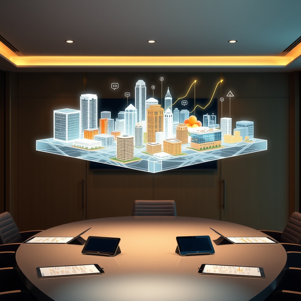 "An elegant conference room with a large, sleek table where financial documents and tablets are displayed. Above the table hovers an interactive 3D model of a thriving urban landscape, showcasing various real estate developments highlighted with glowing lines connecting to graphs and charts that depict growth analytics, symbolizing loanDepot's strategic approach to boosting real estate growth. The setting exudes sophistication and is tastefully lit with ambient lighting to convey a sense of forward-thinking and success in real estate markets."