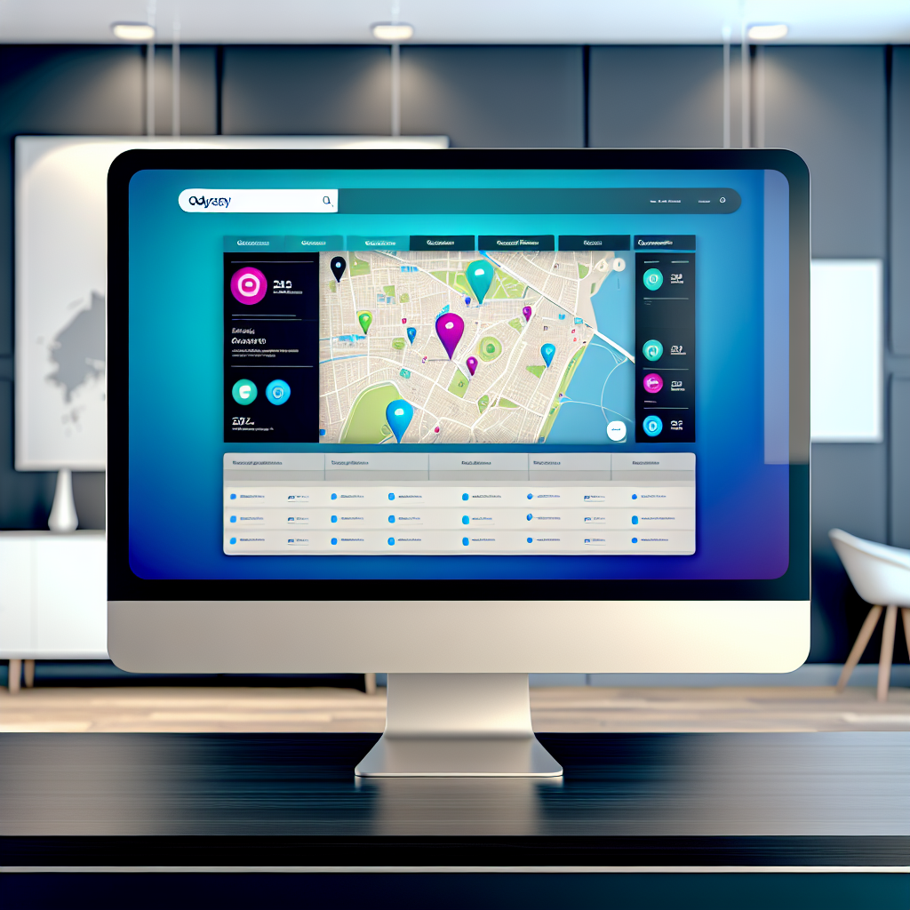 "A sleek, modern home office, featuring a large, high-resolution computer monitor displaying the Odyssey real estate platform. The screen shows an interactive map with vibrant icons representing different types of properties available for sale or rent. The map also includes advanced filter options clearly visible on the user interface, such as amenities, price range, and property type. In the background, there are visible elements of a stylish, minimalist work environment with a clear focus on technology, hinting at a competitive and innovative atmosphere. The overall color scheme is calm and professional, using a palette of blues, grays, and whites to evoke a sense of reliability and trust in the technology."